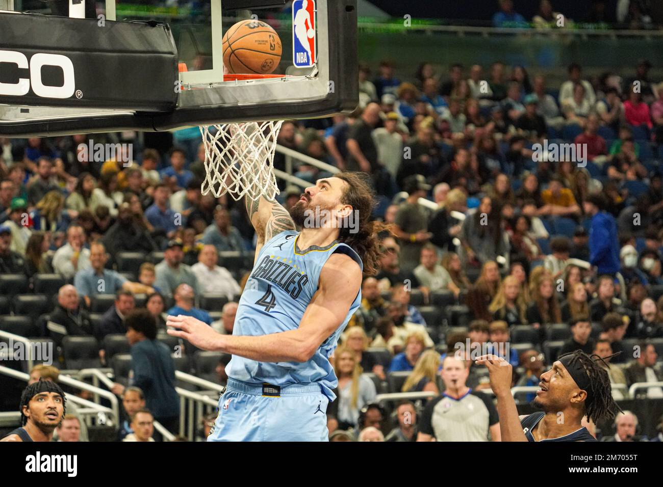 Orlando, Florida, USA, January 5, 2023, NBA Memphis Grizzlies center Steven Adams #4 makes a dunk in the first half at the Amway Center.  (Photo Credit:  Marty Jean-Louis) Stock Photo