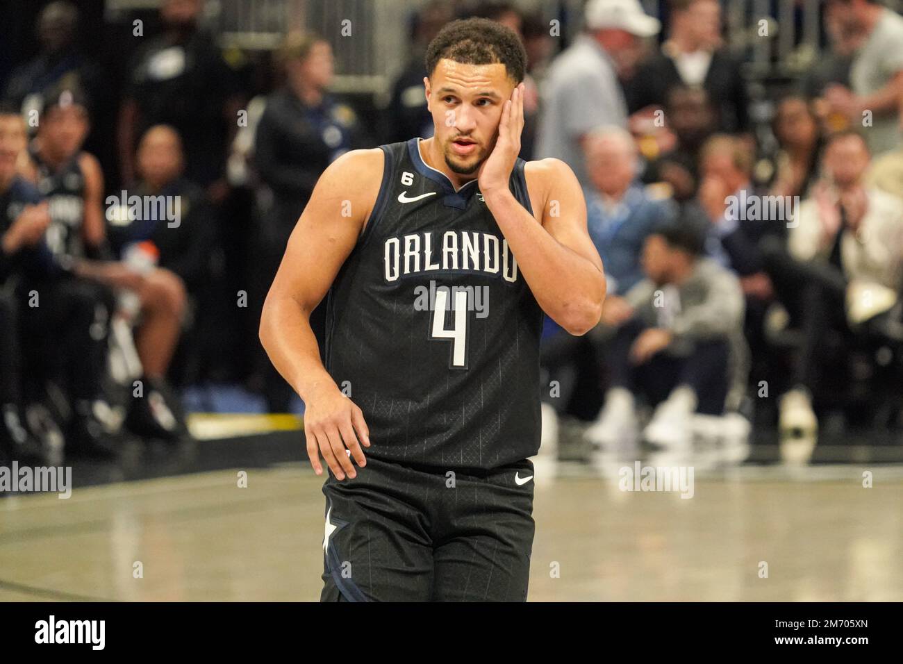 Orlando Florida USA January 5 2023 Orlando Magic Guard Jalen Suggs Orlando Florida Usa January 5 2023 Orlando Magic Guard Jalen Suggs 4 Reacts After Making A Shot At The Amway Center Photo Credit Marty Jean Louis 2M705XN