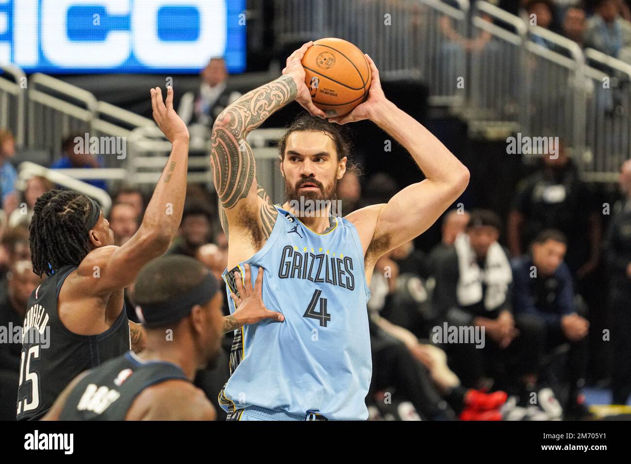 Orlando, Florida, USA, January 5, 2023, NBA Memphis Grizzlies center Steven Adams #4 looks to make a pass in the second half at the Amway Center.  (Photo Credit:  Marty Jean-Louis) Stock Photo
