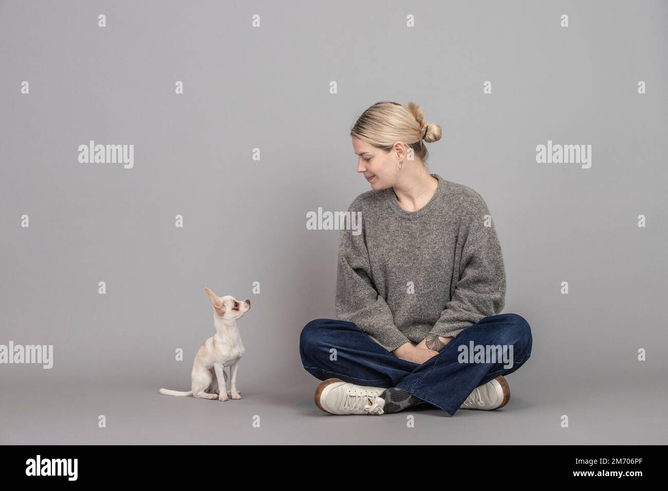 Young woman sitting with her chihuahua puppy next to her while they look at each other. Stock Photo