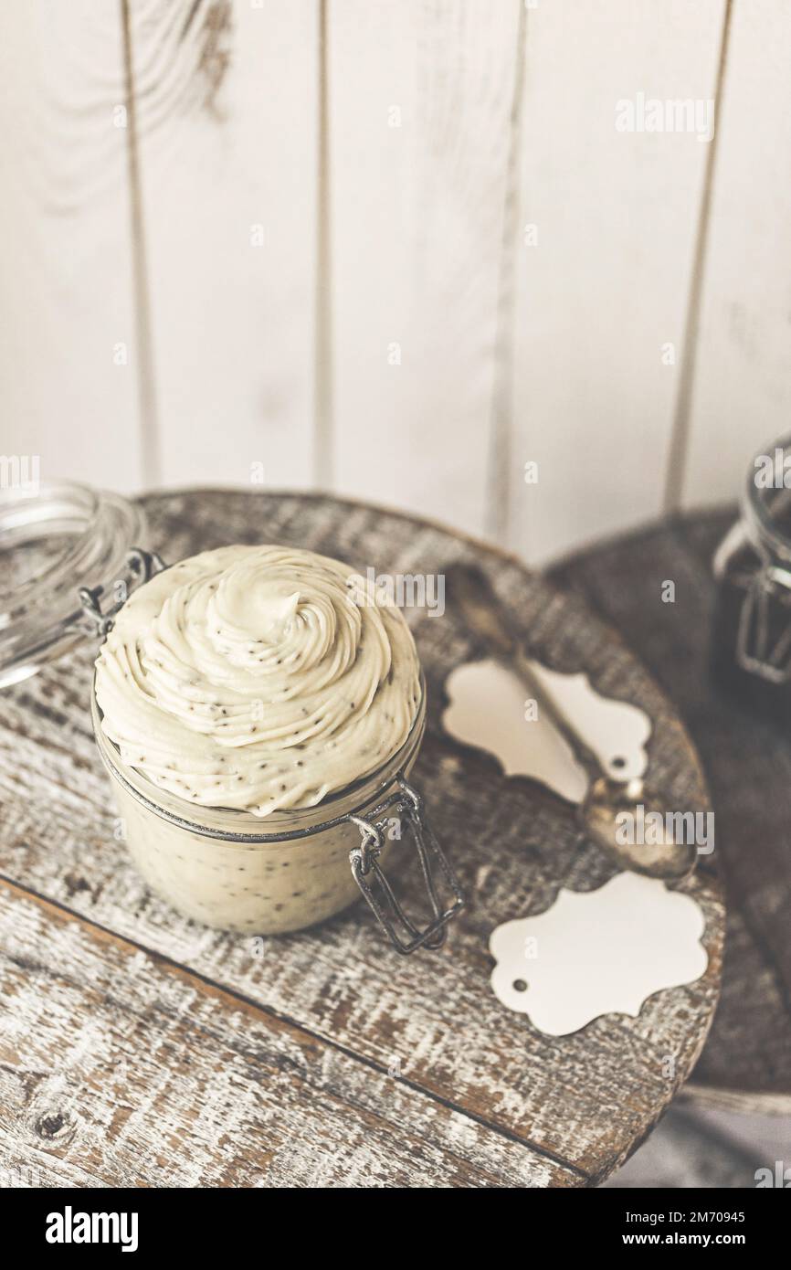 A Homemade Chia Pudding in a rustic wooden kitchen Stock Photo
