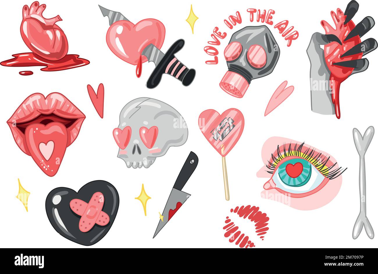 Set Creepy Valentine clipart, Spooky Valentine, Pastel Goth digital stickers, Alternative Valentine day vector EPS10 Stock Vector