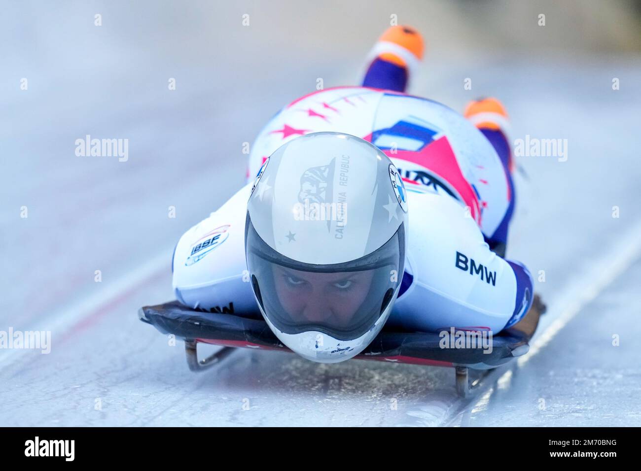 WINTERBERG, GERMANY - JANUARY 6: Kendall Wesenberg of the United States compete in the Women's Skeleton during the BMW IBSF Bob & Skeleton World Cup at the Veltins-EisArena on January 6, 2023 in Winterberg, Germany (Photo by Patrick Goosen/Orange Pictures) Stock Photo