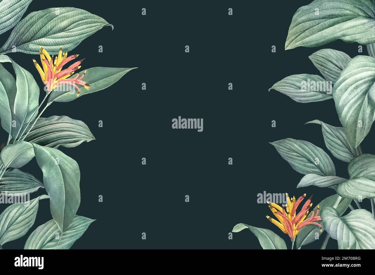 Hand drawn tropical leaves on a dark green background vector Stock ...