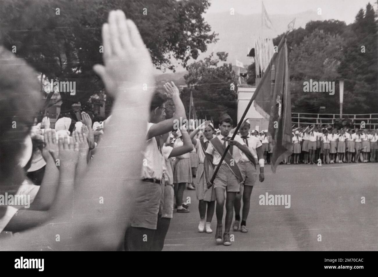 Crimea, USSR - circa 1963: solemn parade of pioneers in children camp Artek Stock Photo