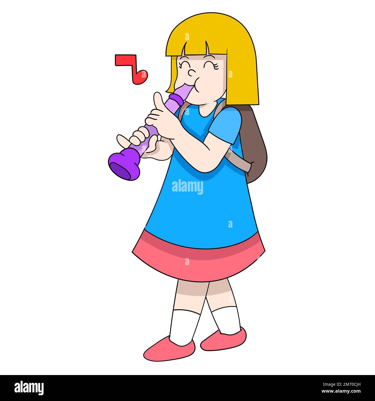 beautiful girl learning to play music flute school assignment. vector design illustration art Stock Vector