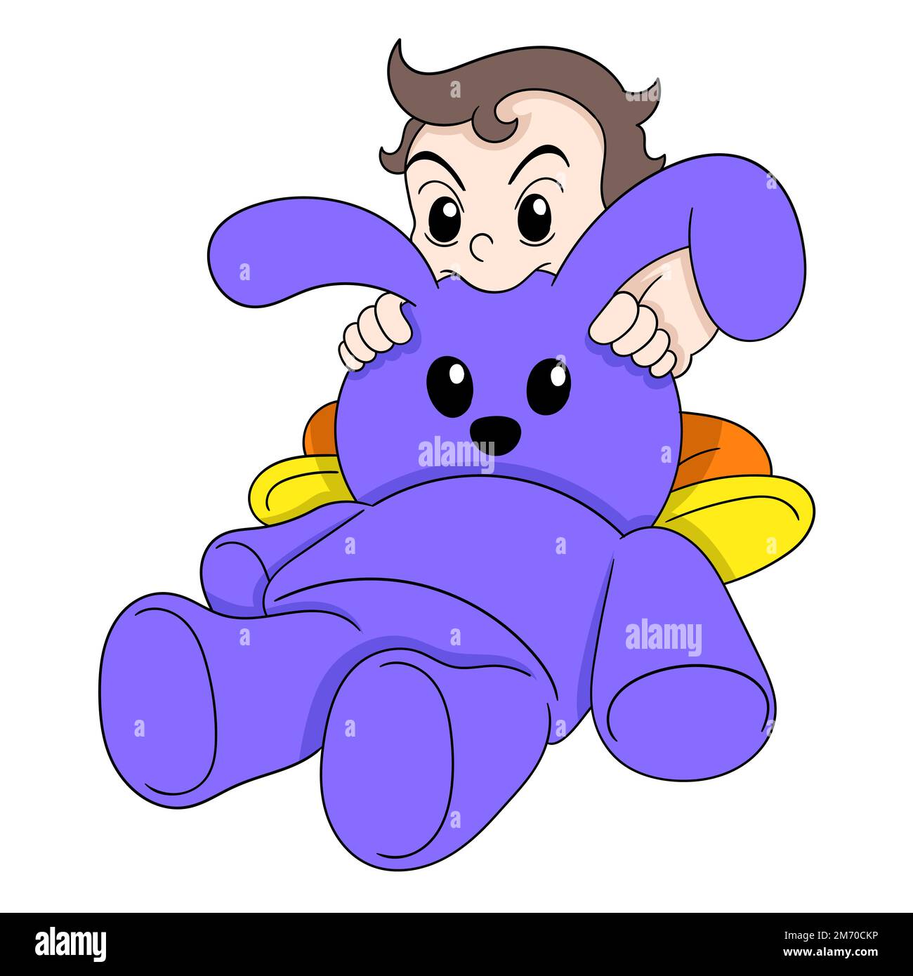 baby boy is happily biting a big rabbit doll. vector design ...