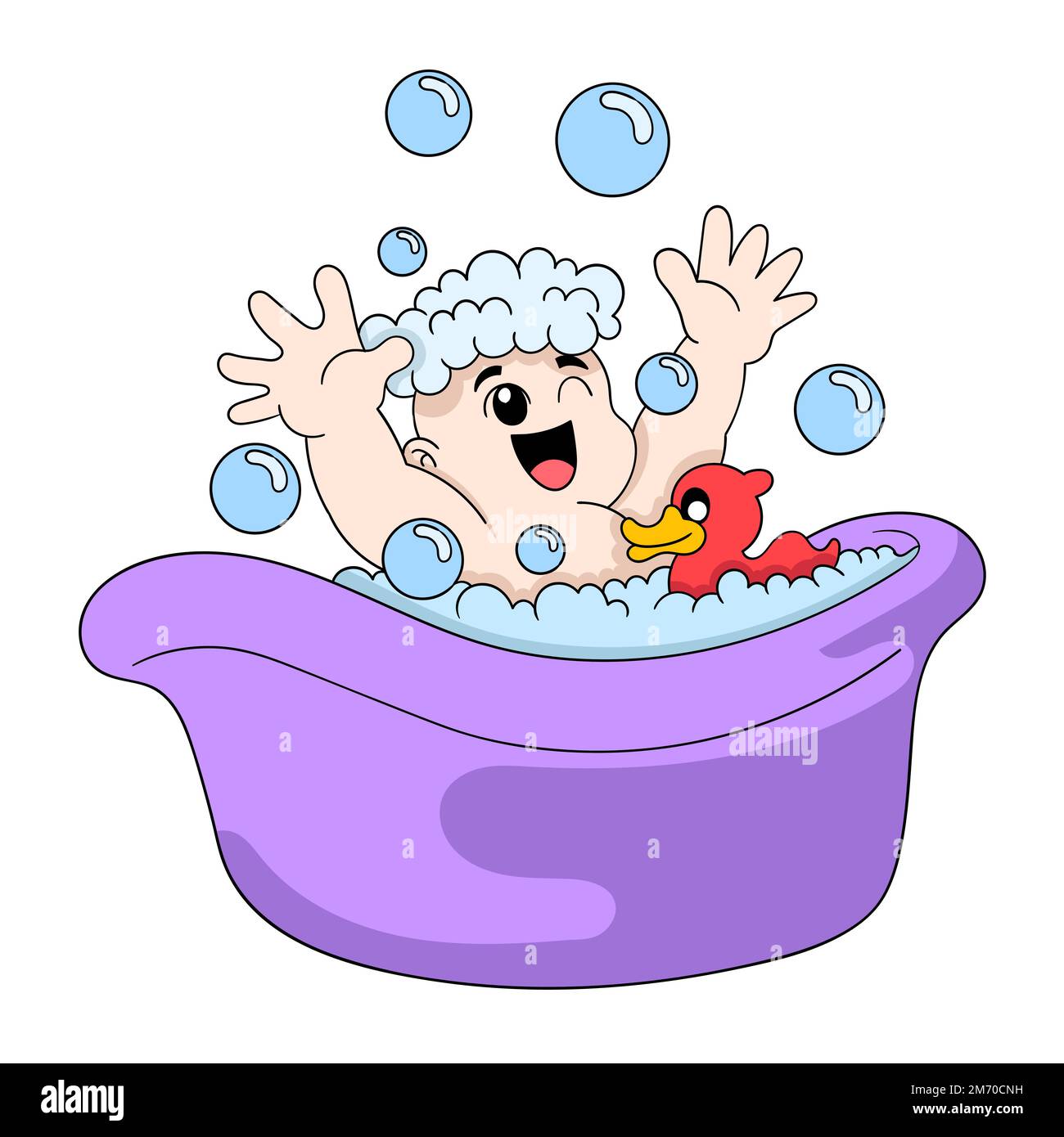 baby boy is taking a bath happily playing soap bubbles. vector design illustration art Stock Vector