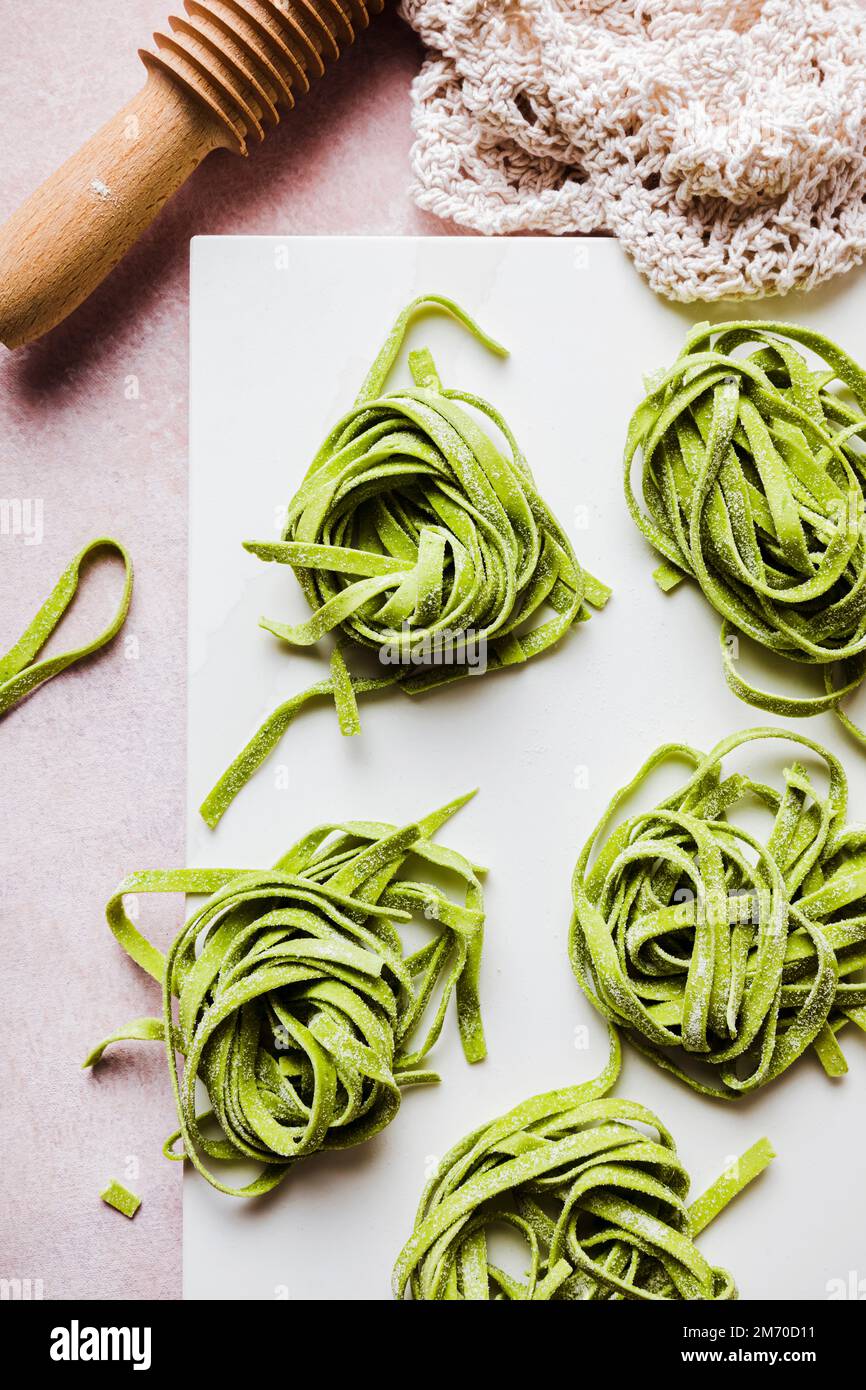 Fresh homemade Green spinach tagliatelle Stock Photo