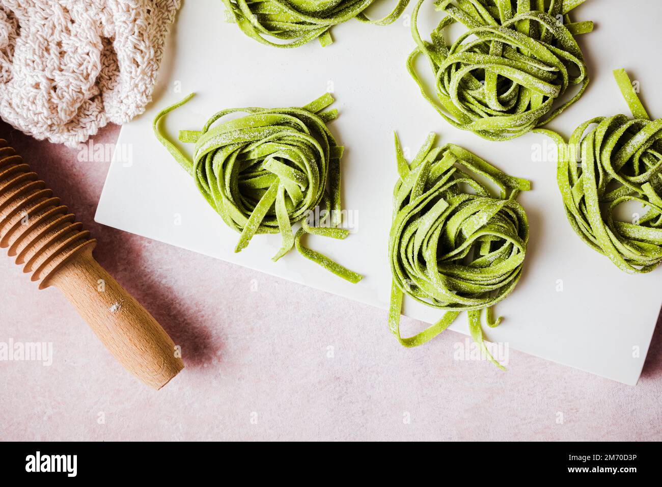 Fresh homemade Green spinach tagliatelle Stock Photo