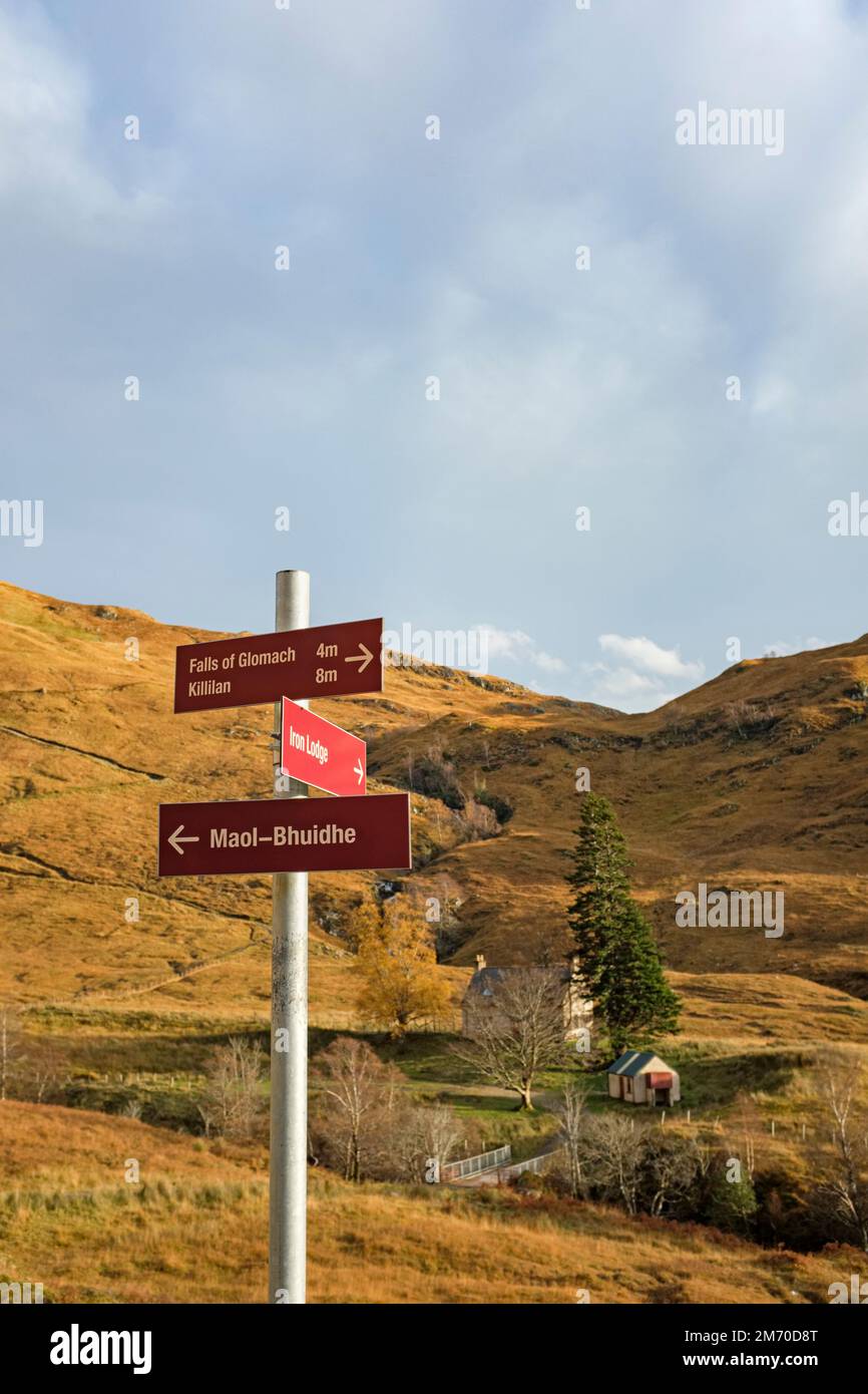 Signpost to the Falls of Glomach Ross-shire in the Scottish Highlands. Stock Photo