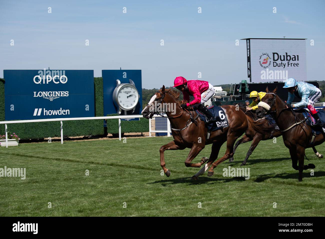 Ascot, Berkshire, UK. 6th August, 2022. Horse Manaccan ridden by jockey Hayley Turner win the Dubai Duty Free Shergar Cup Dash at Ascot Racecourse. Credit: Maureen McLean/Alamy Stock Photo