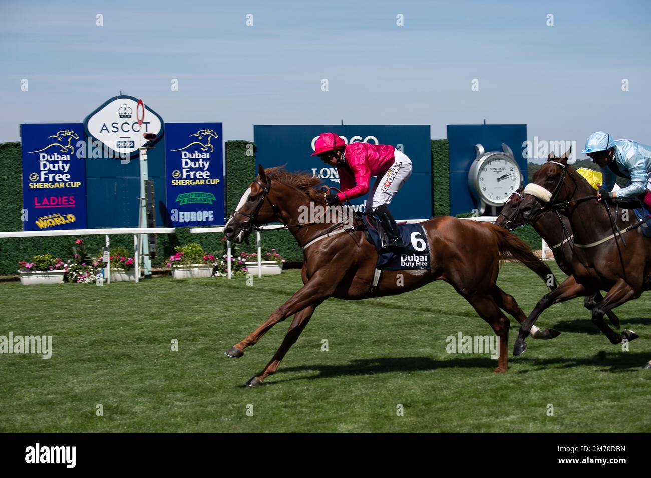 Ascot, Berkshire, UK. 6th August, 2022. Horse Manaccan ridden by jockey Hayley Turner win the Dubai Duty Free Shergar Cup Dash at Ascot Racecourse. Credit: Maureen McLean/Alamy Stock Photo