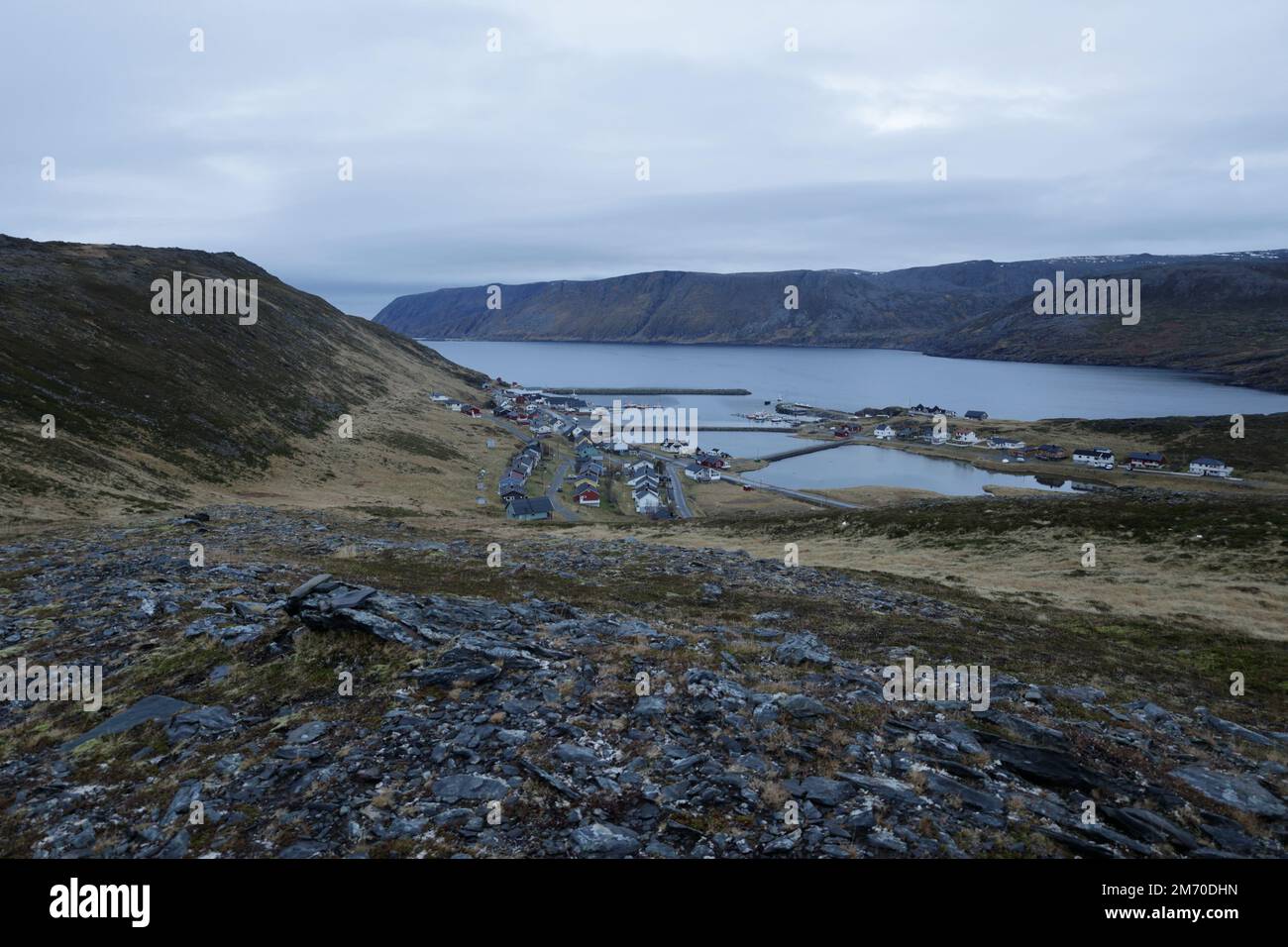 View of the fishing village of Skarsvåg on the Nordkapp in Norway Stock Photo
