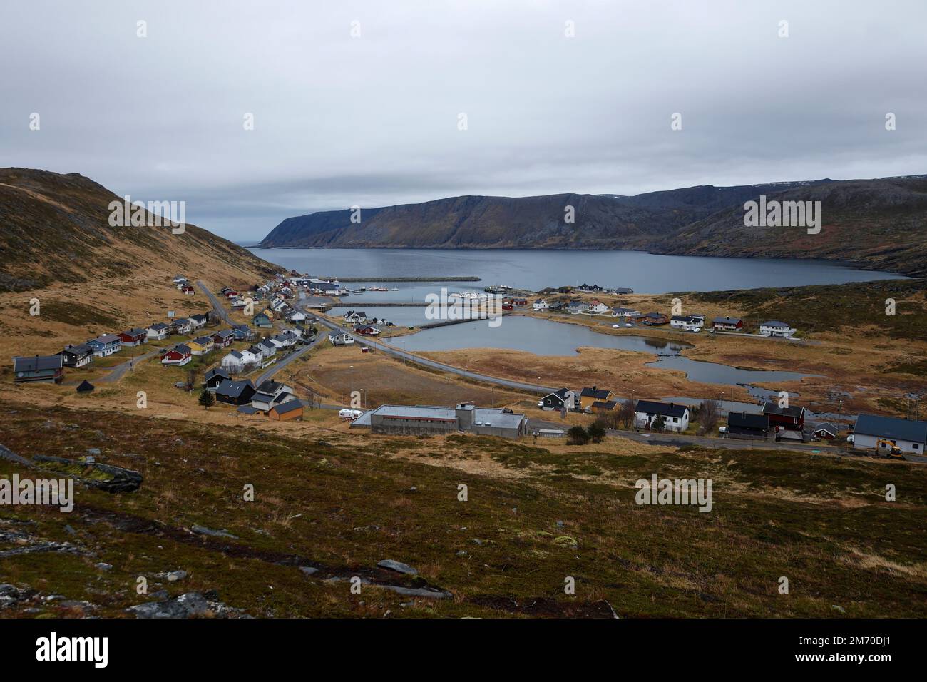 View of the fishing village of Skarsvåg on the Nordkapp in Norway Stock Photo