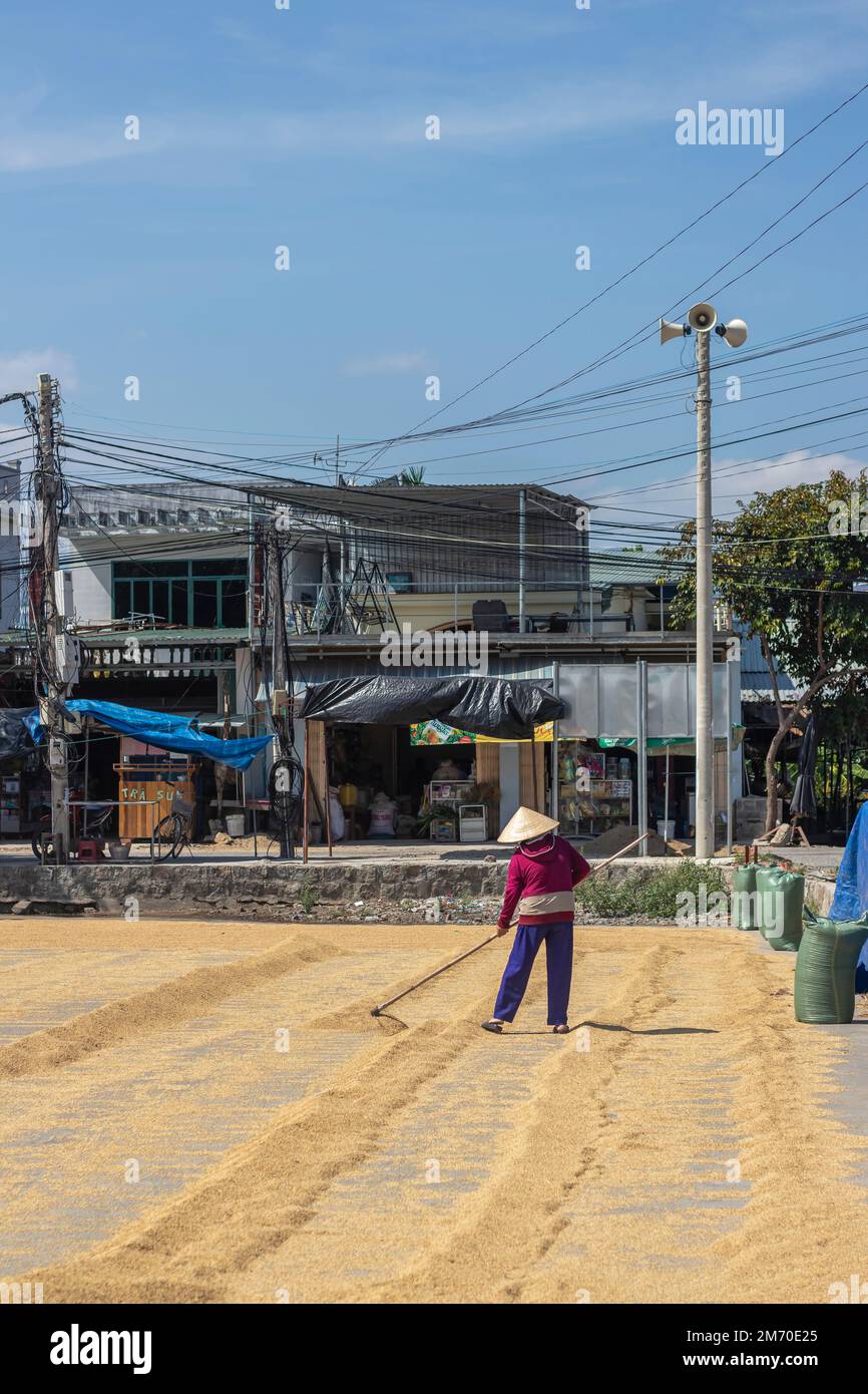 Nha Trang, Vietnam - April 8, 2019: A woman sweeps dried rice on the playground. Stock Photo