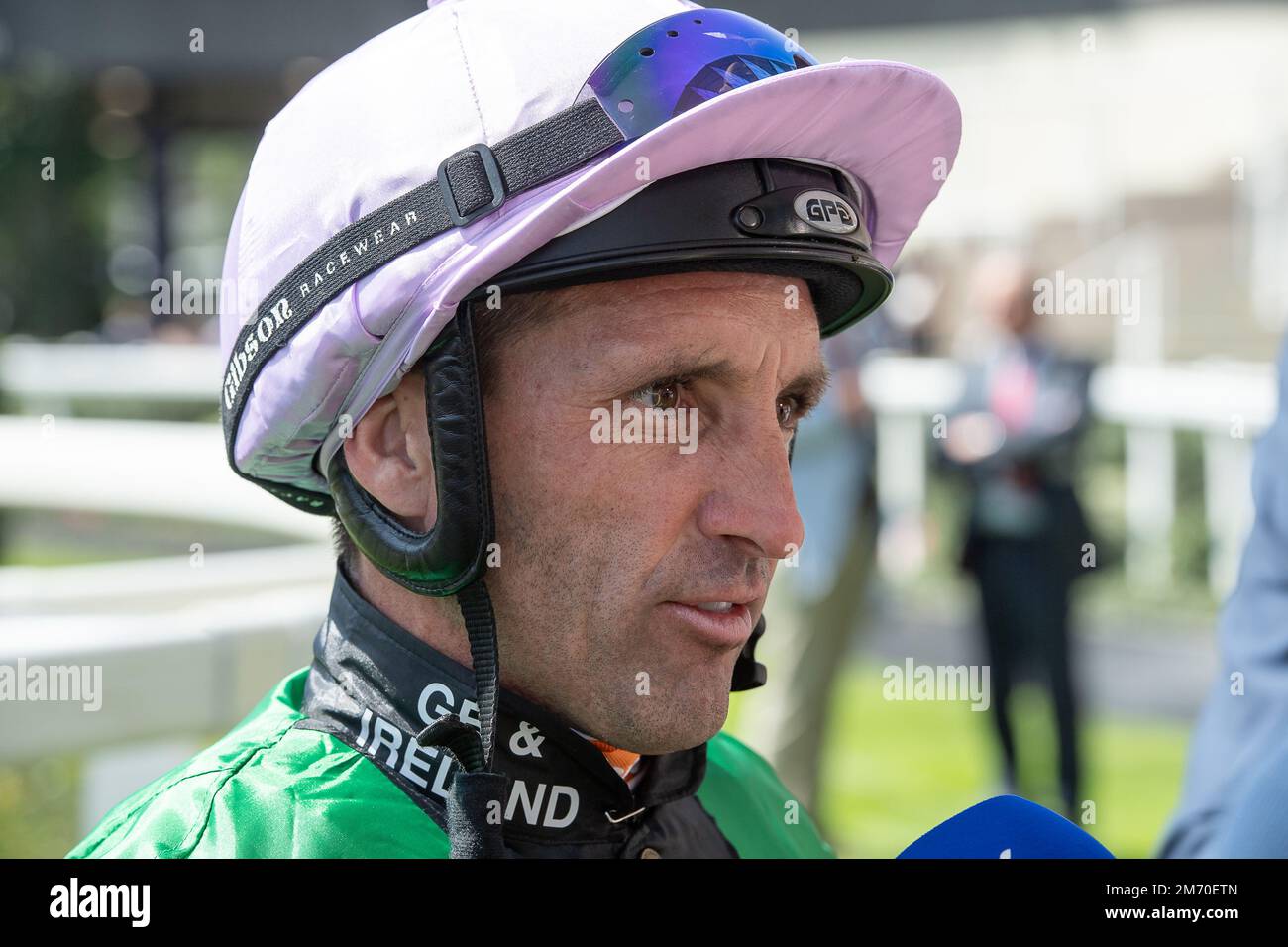 Ascot, Berkshire, UK. 6th August, 2022. Jockey Neil Callan winner of the Dubai Duty Free Full of Surprise Classified Stakes at the Dubai Duty Free Shergar Cup. Trainer David O'Meara, Upper Helmsley. Credit: Maureen McLean/Alamy Stock Photo