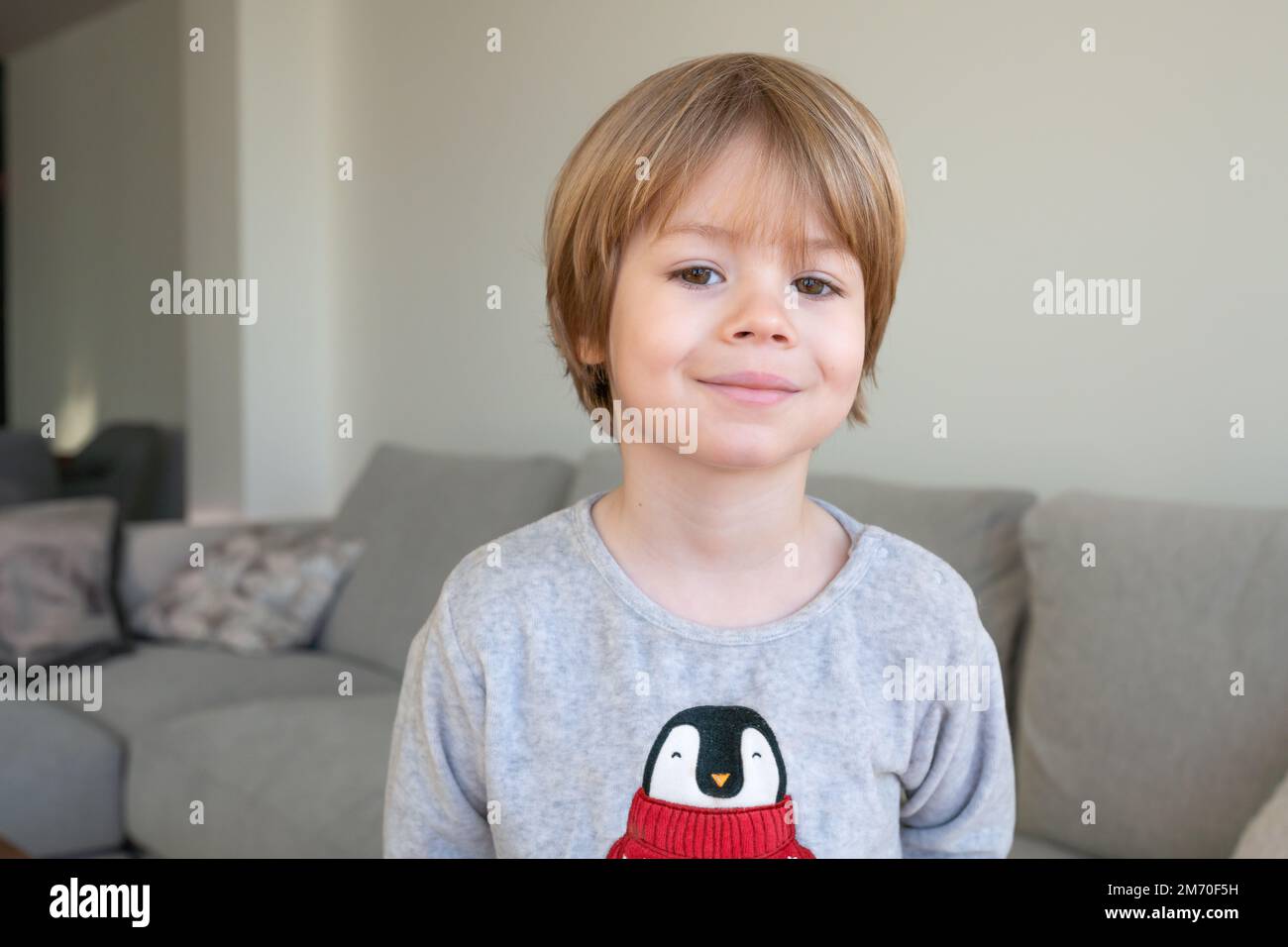 Portrait of cute little boy looking at camera at home Stock Photo - Alamy