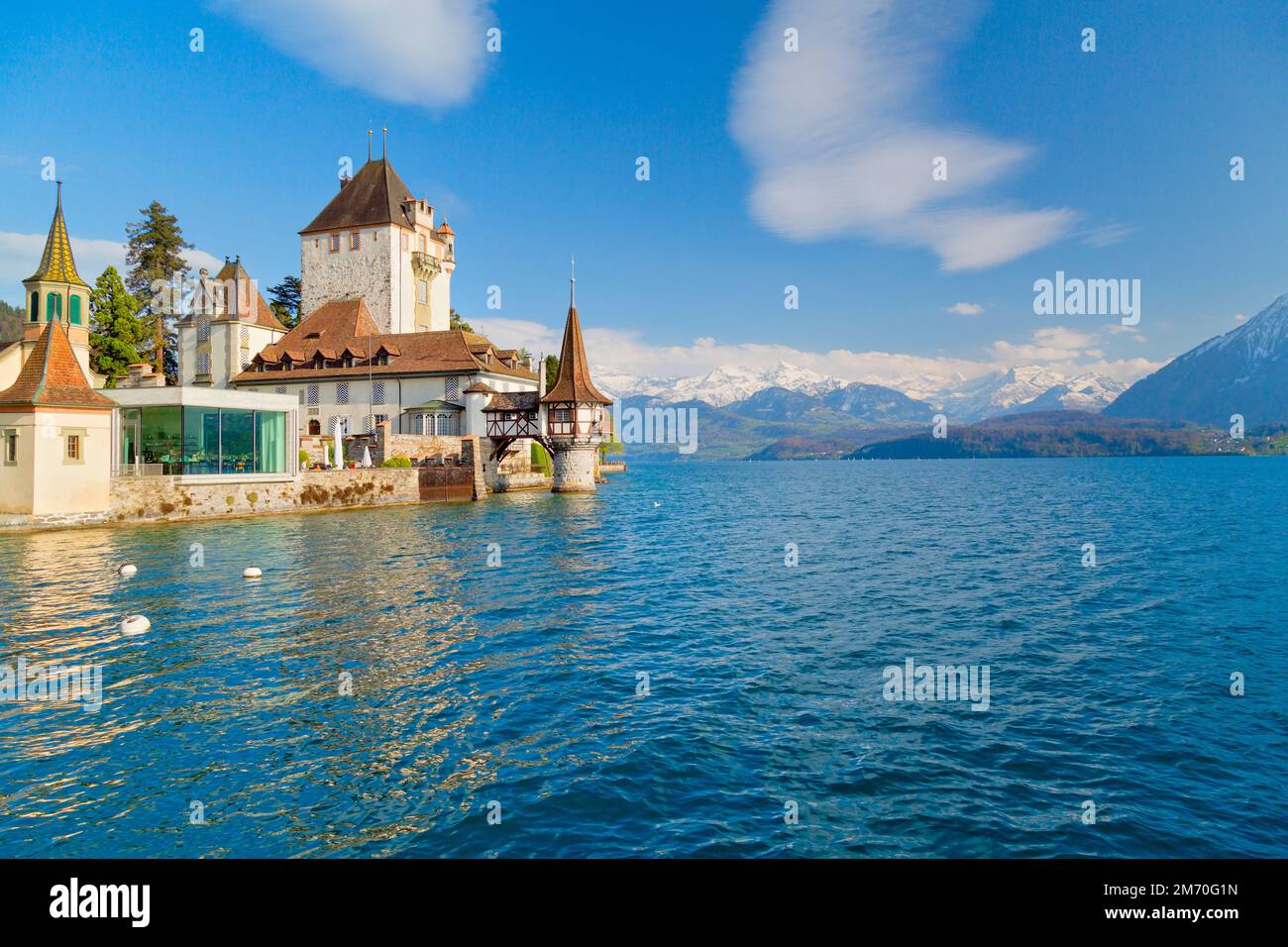 Oberhofen Castle at Lake Thunersee in swiss Alps, Switzerland Stock Photo
