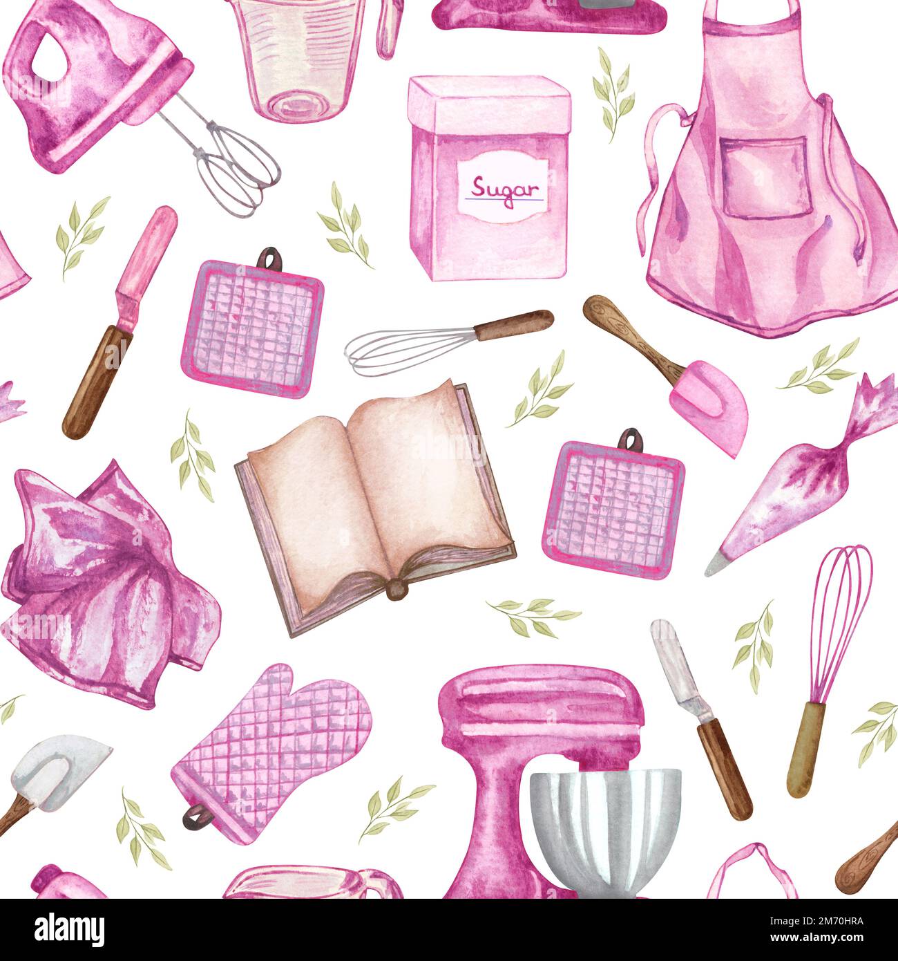 Seamless pattern with cute hand drawn dessert, tea and baking theme doodle elements. watercolor pink background. For wrapping paper, textile, print, a Stock Photo