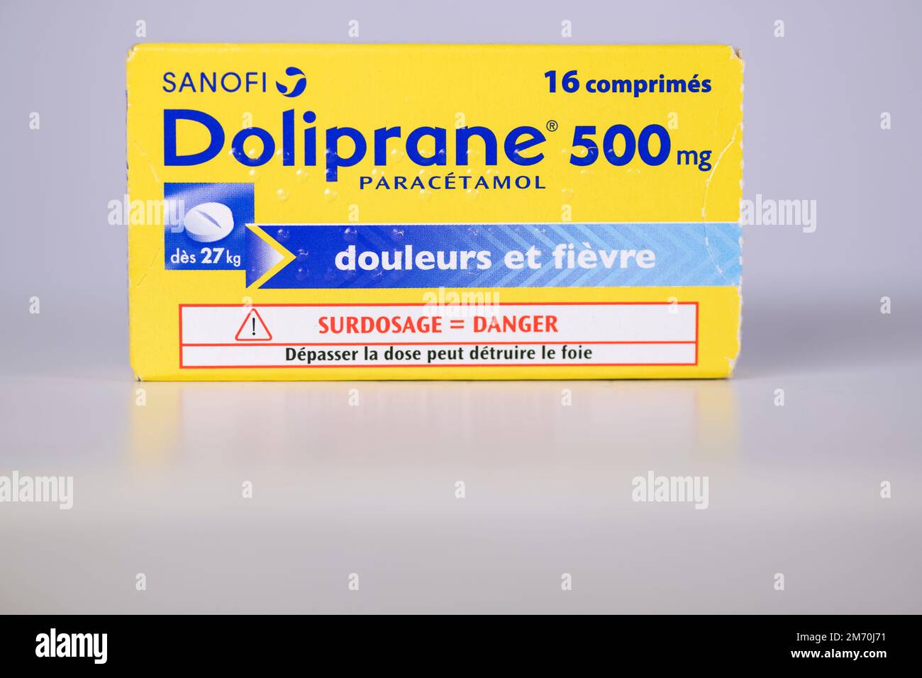 Isolated French box of Doliprane 500mg with copy space, pills based on paracetamol used to treat fever and mild to moderate pain, paracetamol-based pa Stock Photo