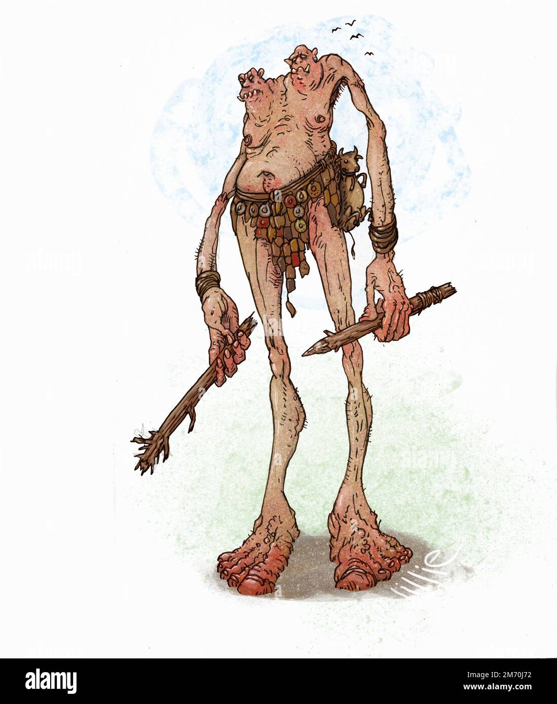 Fantasy art illustration of a two-headed giant holding a spear and club. In the D&D RPG an Ettin (Dungeons & Dragons) is a monster, a two-headed giant Stock Photo