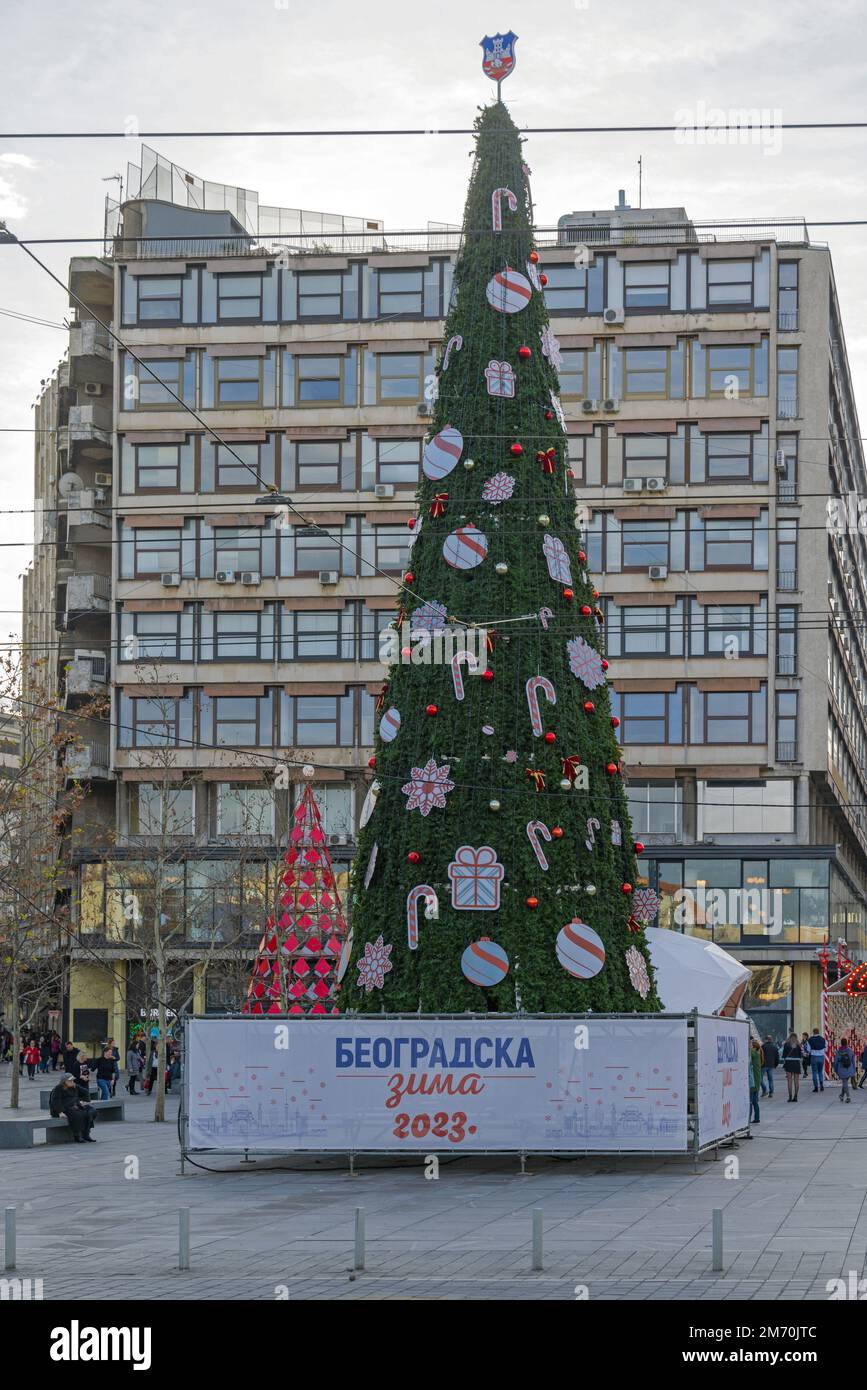 Belgrade, Serbia December 31, 2022 Tall Christmas Tree at Republic