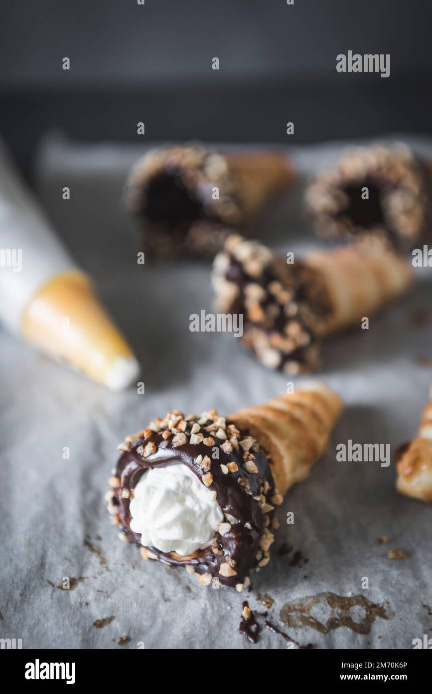 Homemade Chocolate and fresh cream horns Stock Photo Alamy
