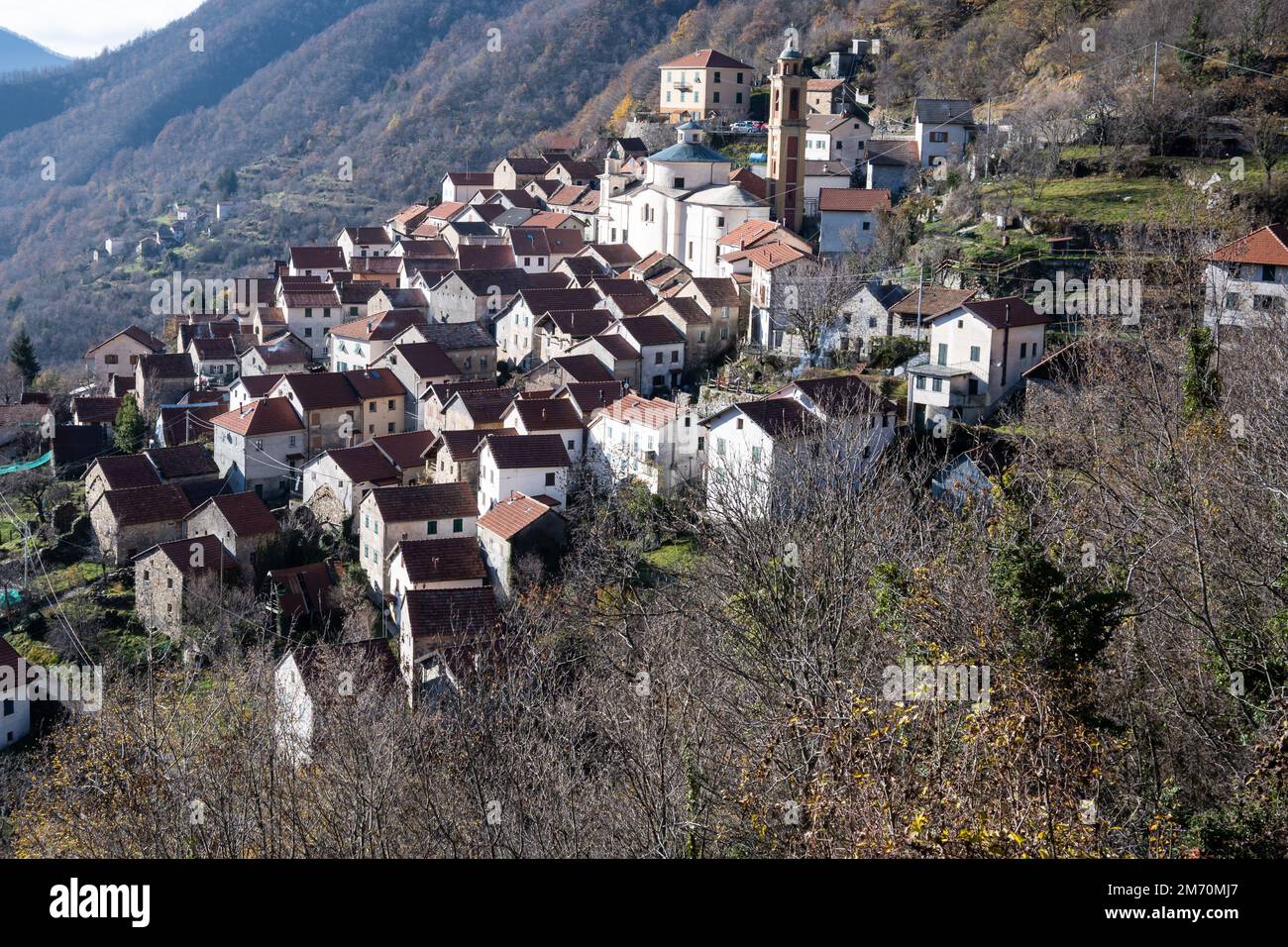 The characteristic historic village of Pentema in the province of Genoa in the Liguria region. Stock Photo