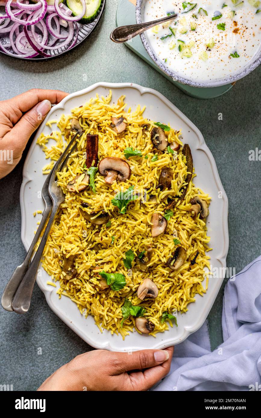 Indian Mushroom Pilau rice dish Stock Photo Alamy