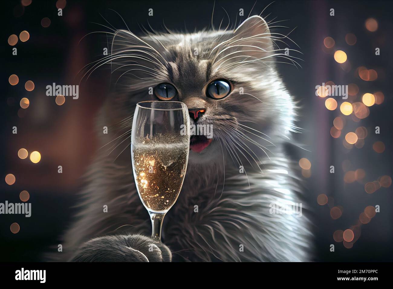 Cat raises a glass of champagne to the new year. Generative AI. Stock Photo