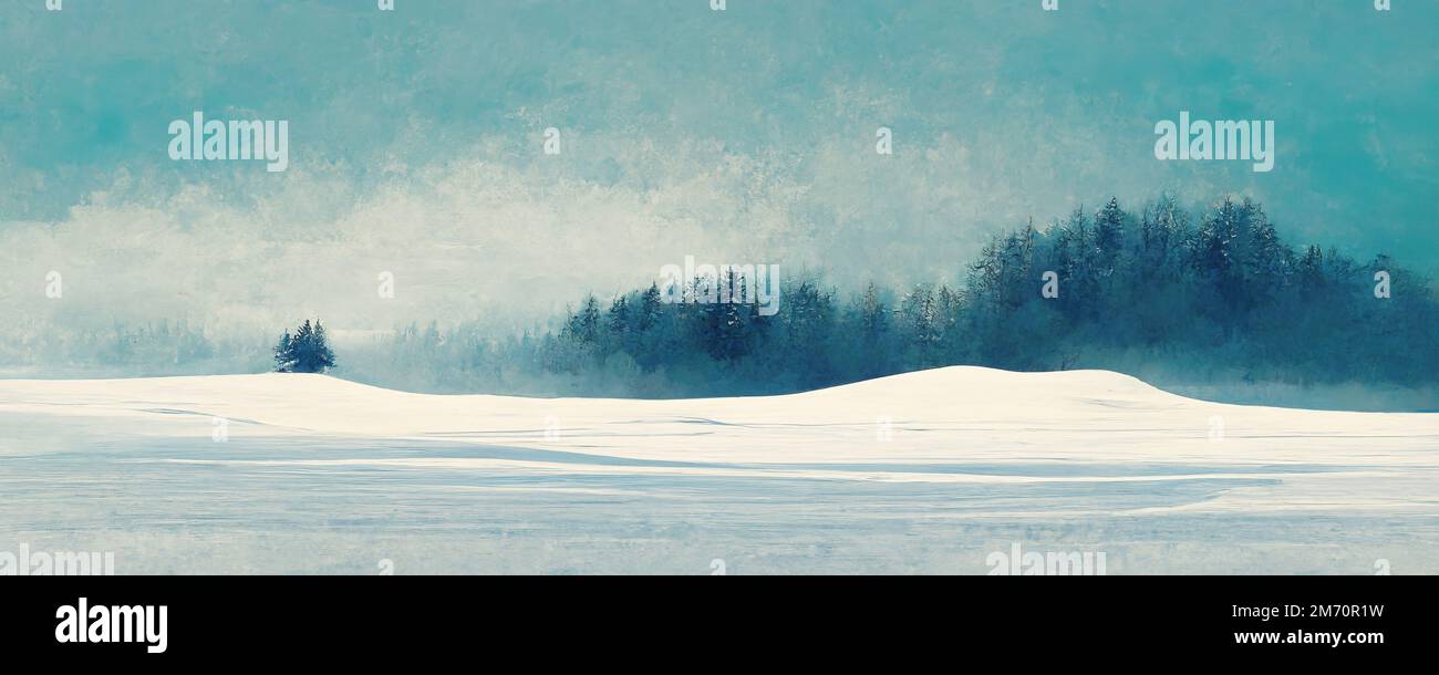 snow covered winter landscape. wide banner background. generative ai. Stock Photo