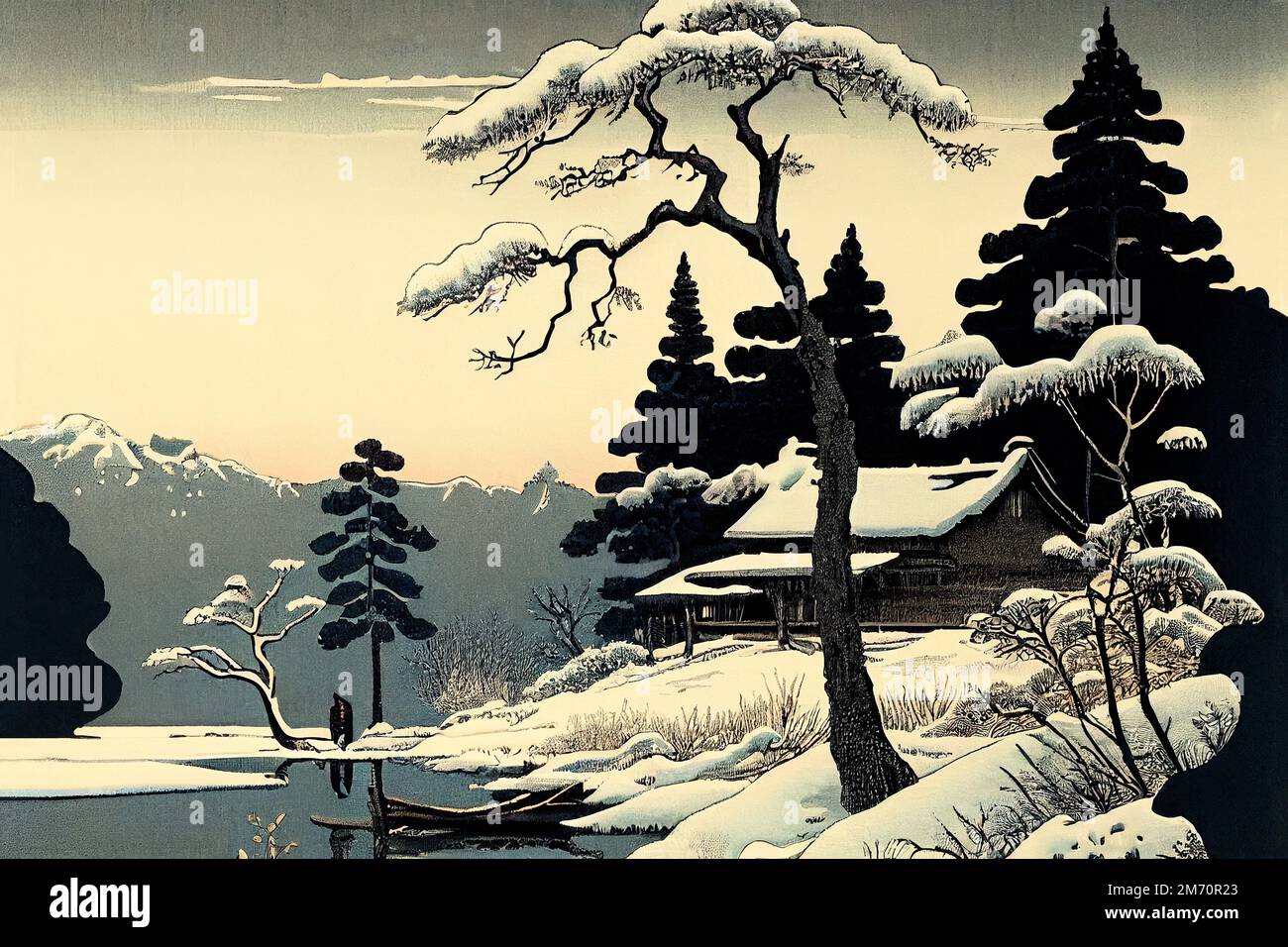 Winter landscape in japanese woodblock style. Generative AI. Stock Photo
