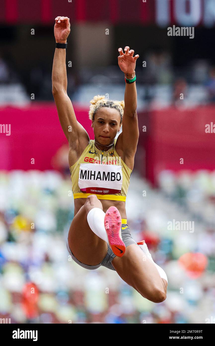 Malaika Mihambo (GER) Olympic Champipn wins the Women's long jump at the 2020 (2021) Olympic Summer Games, Tokyo, Japan Stock Photo