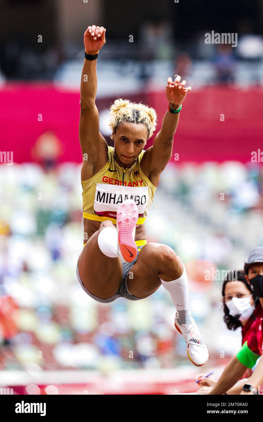 Malaika Mihambo (GER) Olympic Champipn wins the Women's long jump at the 2020 (2021) Olympic Summer Games, Tokyo, Japan Stock Photo