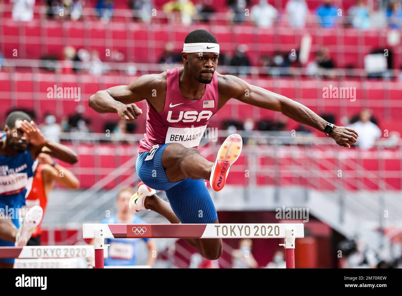 Rai Benjamin (USA) competing in the Men's 400 metres hurdles at the 2020 (2021) Olympic Summer Games, Tokyo, Japan Stock Photo