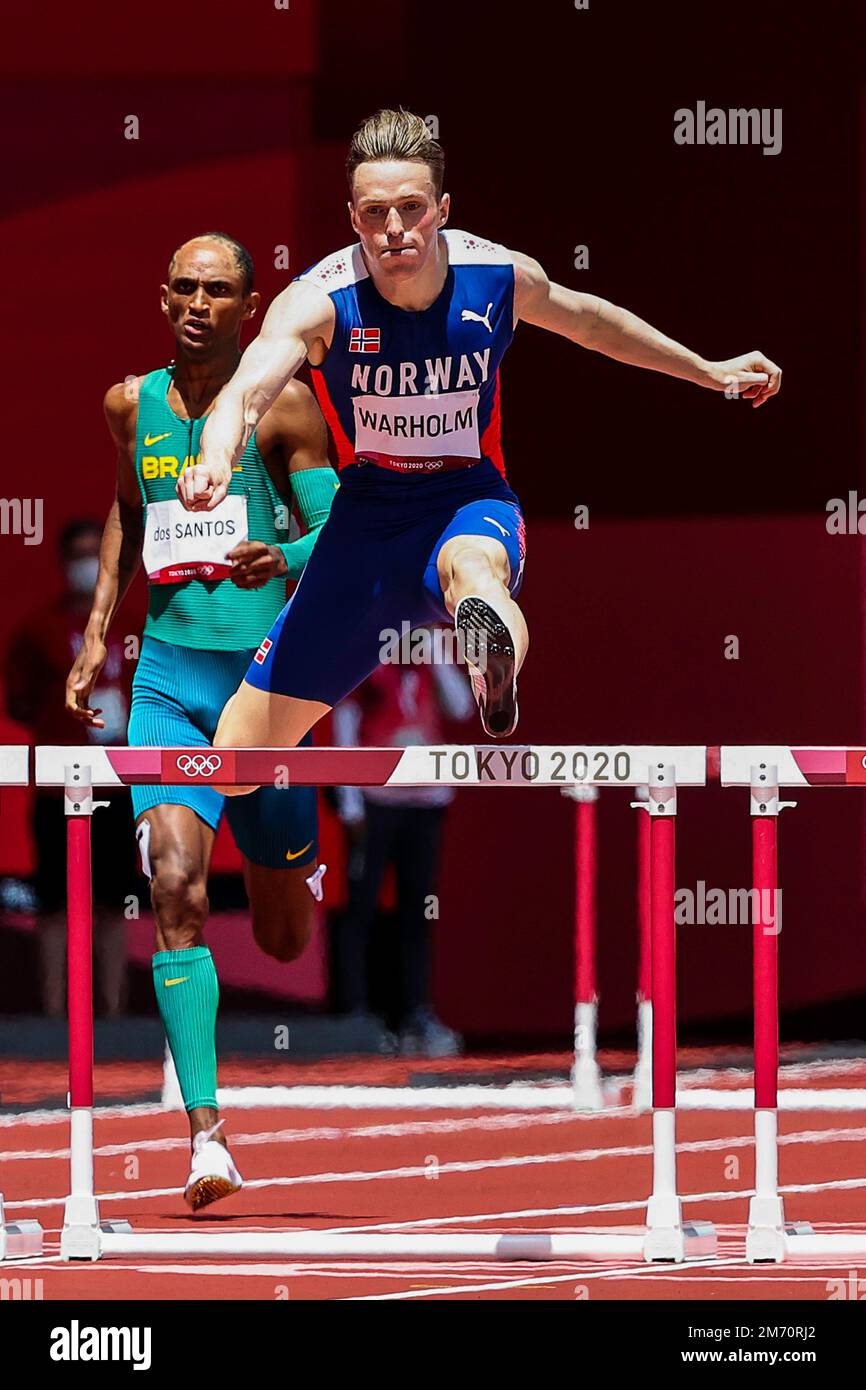 Karsten Warholm (NOR) Olympic Champion in the Men's 400 metres hurdles at the 2020 (2021) Olympic Summer Games, Tokyo, Japan Stock Photo