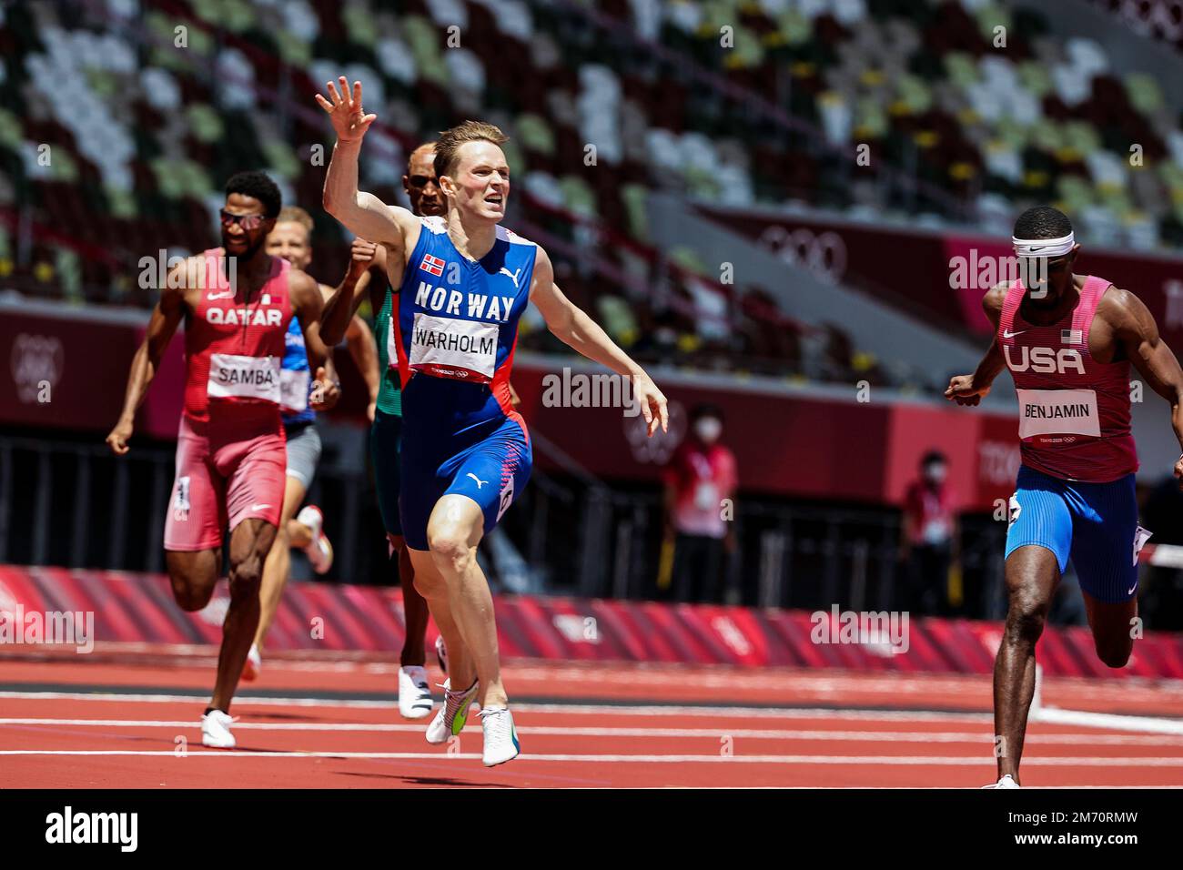 Karsten Warholm (NOR) Olympic Champion in the Men's 400 metres hurdles at the 2020 (2021) Olympic Summer Games, Tokyo, Japan Stock Photo