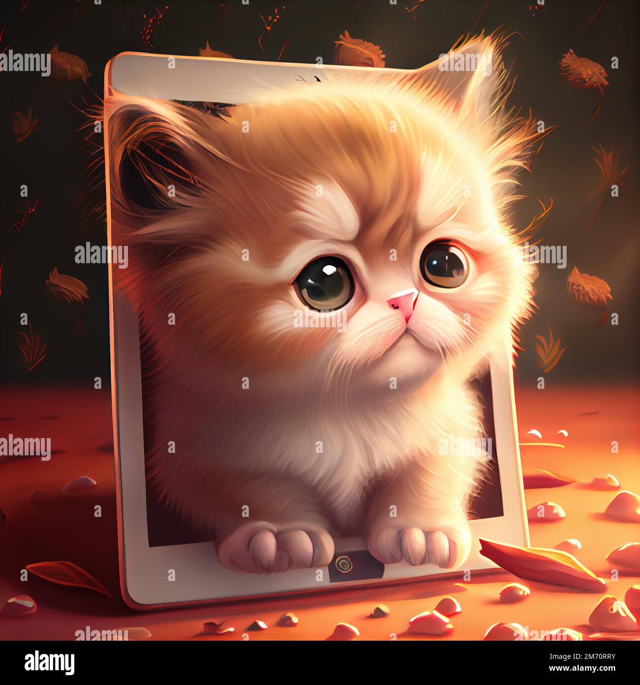 illustration for children of a cute little cat with a phone in blurred  background Stock Photo - Alamy