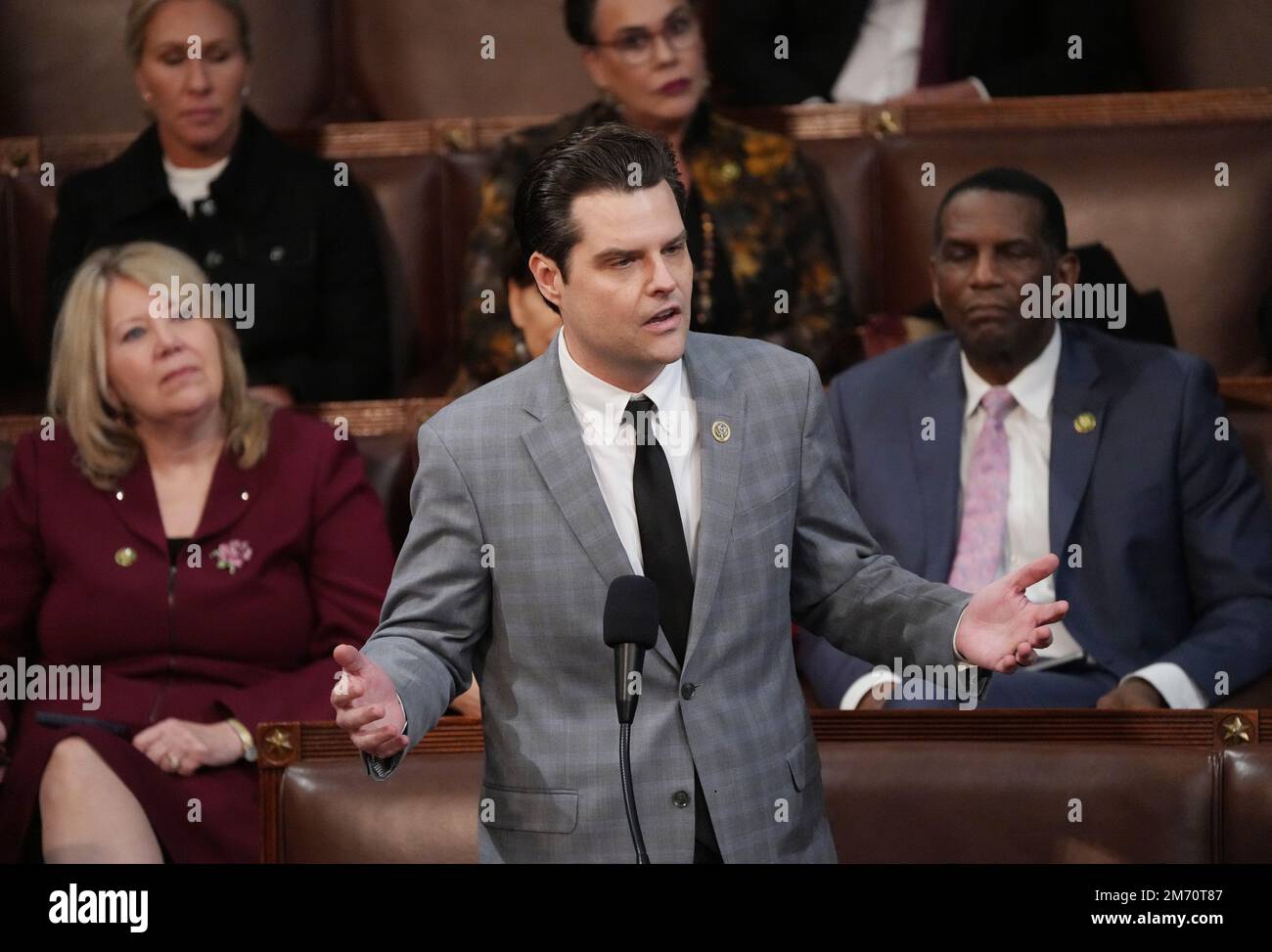 Washington, United States. 06th Jan, 2023. Rep. Matt Gaetz, R-FL, nominates Rep. Jim Jordan, R-OH, to be Speaker of the House at the U.S. Capitol in Washington, DC on Friday, January 6, 2023. The House will vote again on Friday to elect a Speaker and break a deadlock with the Republican Party's extreme right wing. Photo by Pat Benic/UPI Credit: UPI/Alamy Live News Stock Photo