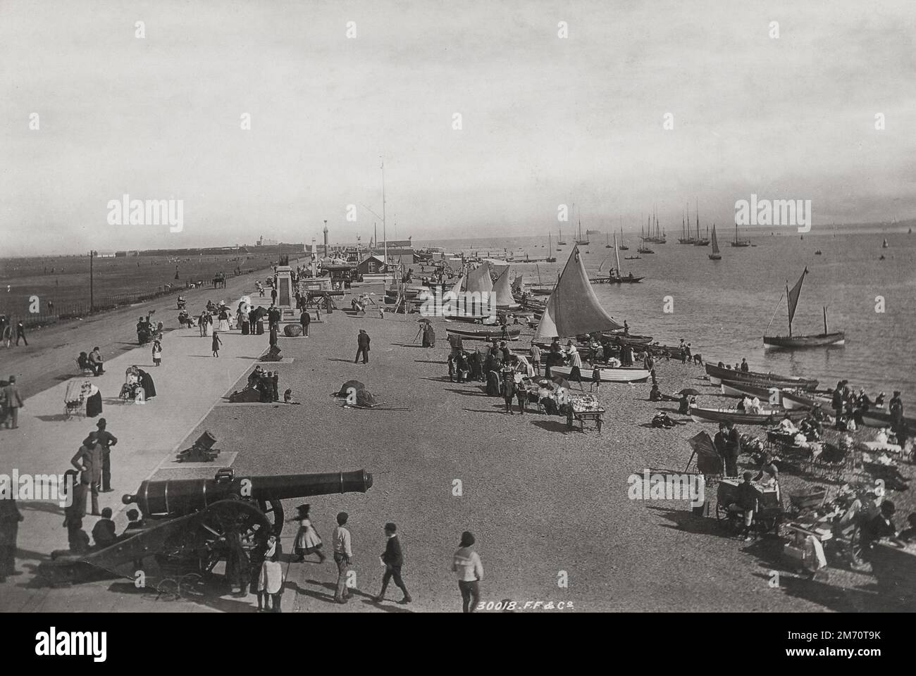 Vintage late 19th/early 20th century photograph: 1892 - Boats and canon on Southsea seafront, Hampshire Stock Photo