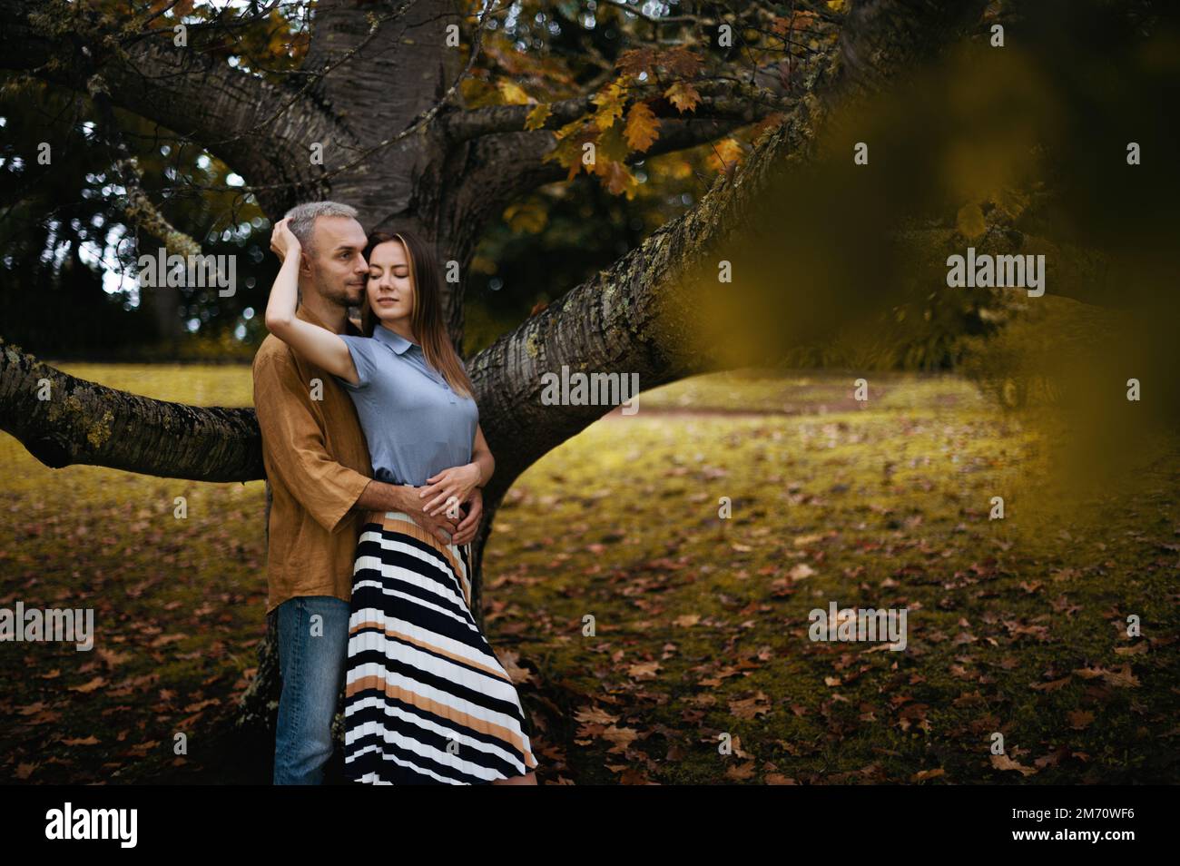 Young couple embracing in a beautiful autumn park Stock Photo