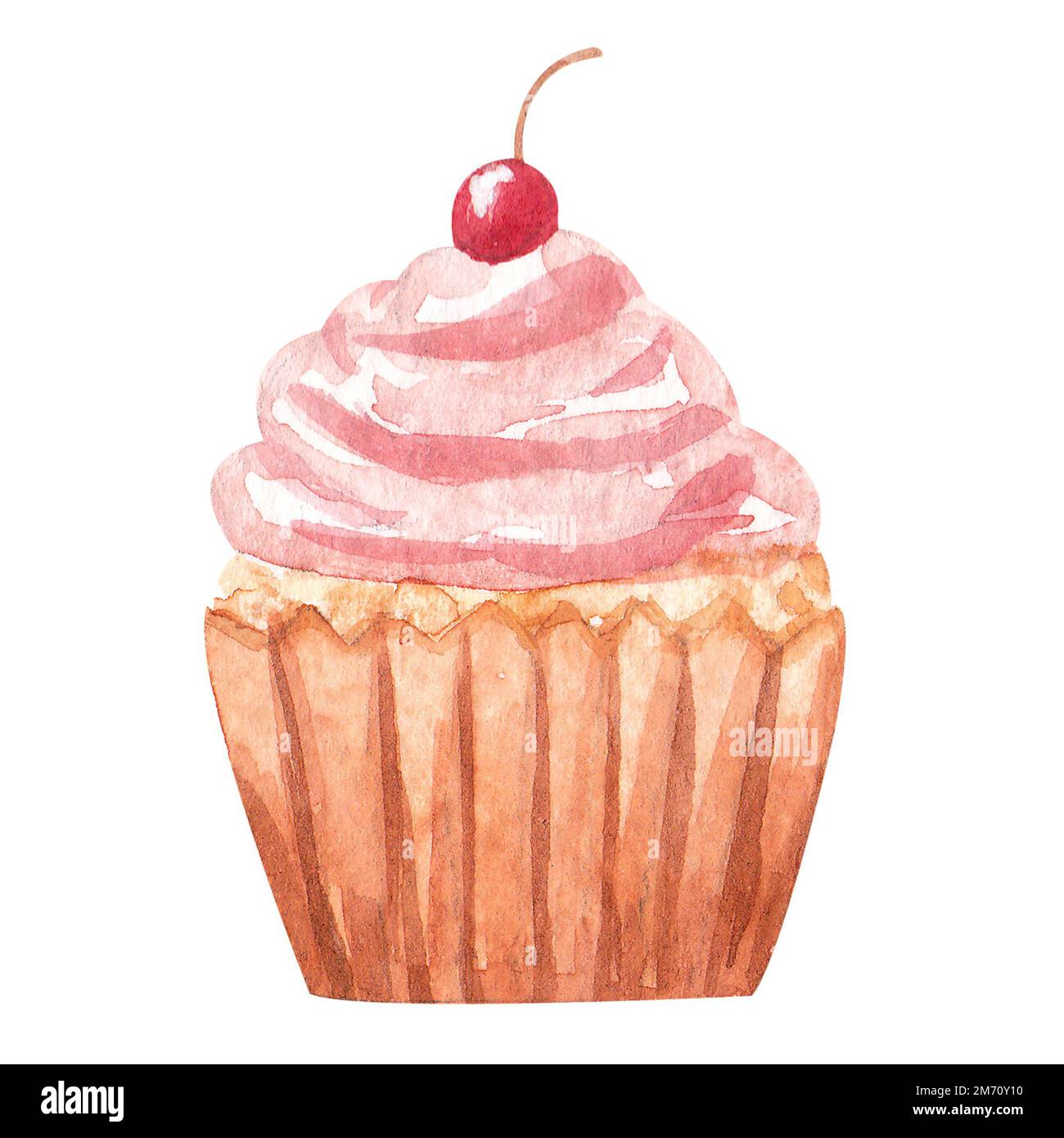 Hand drawn watercolor pink cupcake with cherry. Sweet food, delicious ...