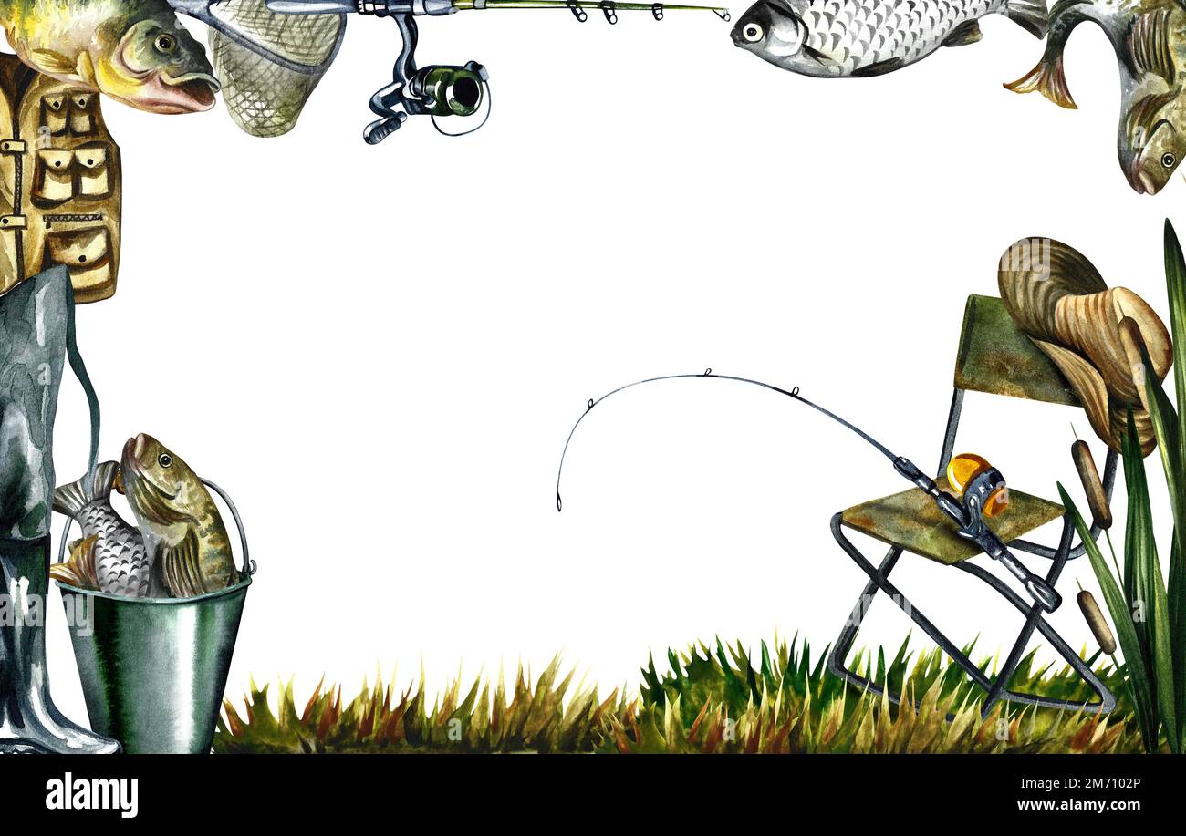 Fishing. Frame. Fishing gear. Watercolor illustration. For design solutions  for labels, postcards, banners and packaging and invitations Stock Photo -  Alamy