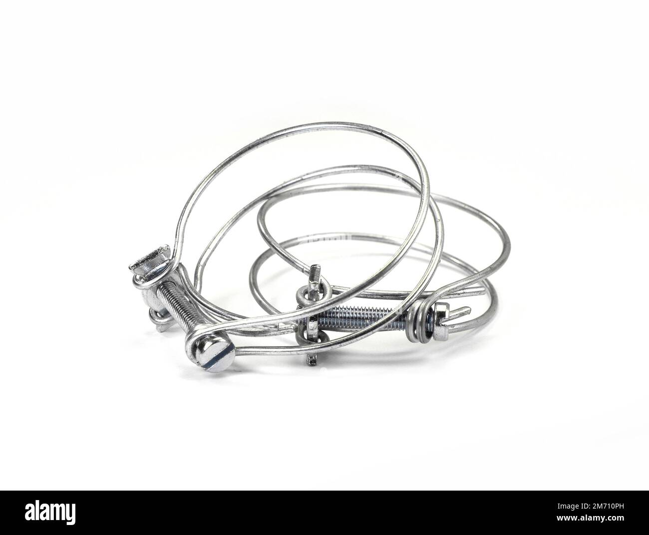 Steel clamps isolated on white background. Screw clamp. Hose clamps