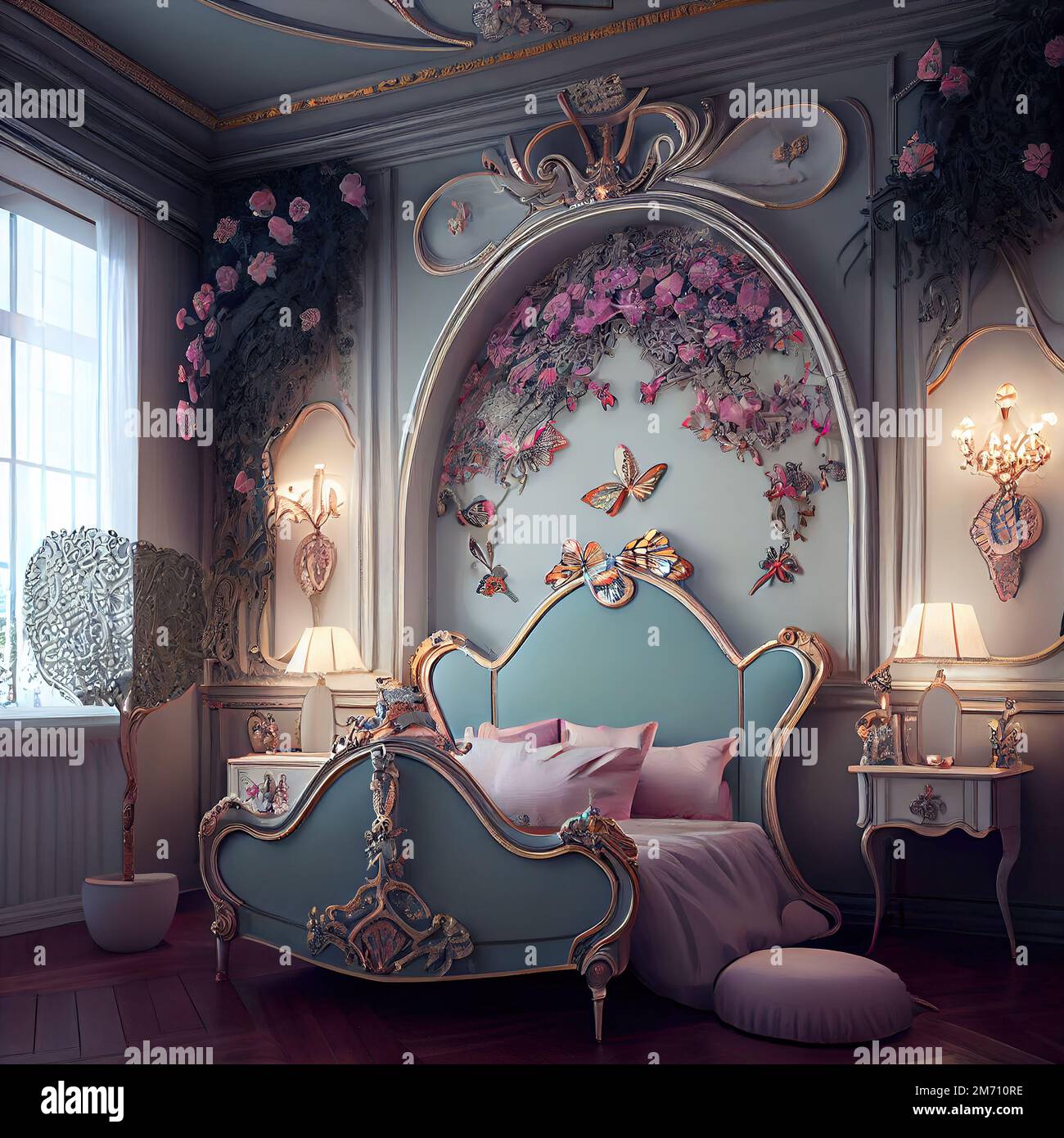 Generative AI rococo room with butterflies princess or fairy bed Stock  Photo - Alamy