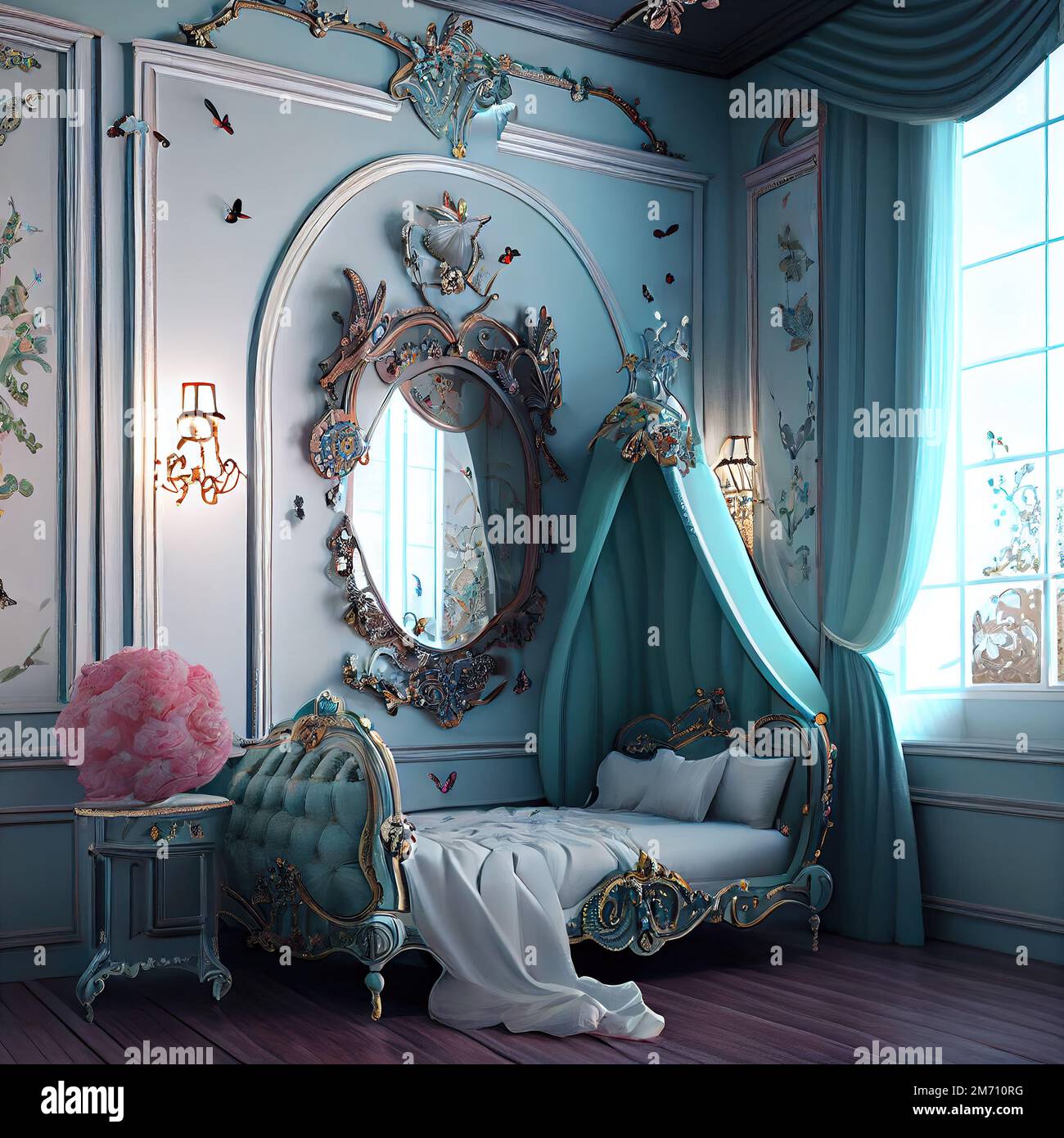 Generative AI rococo room with butterflies princess or fairy bed Stock  Photo - Alamy