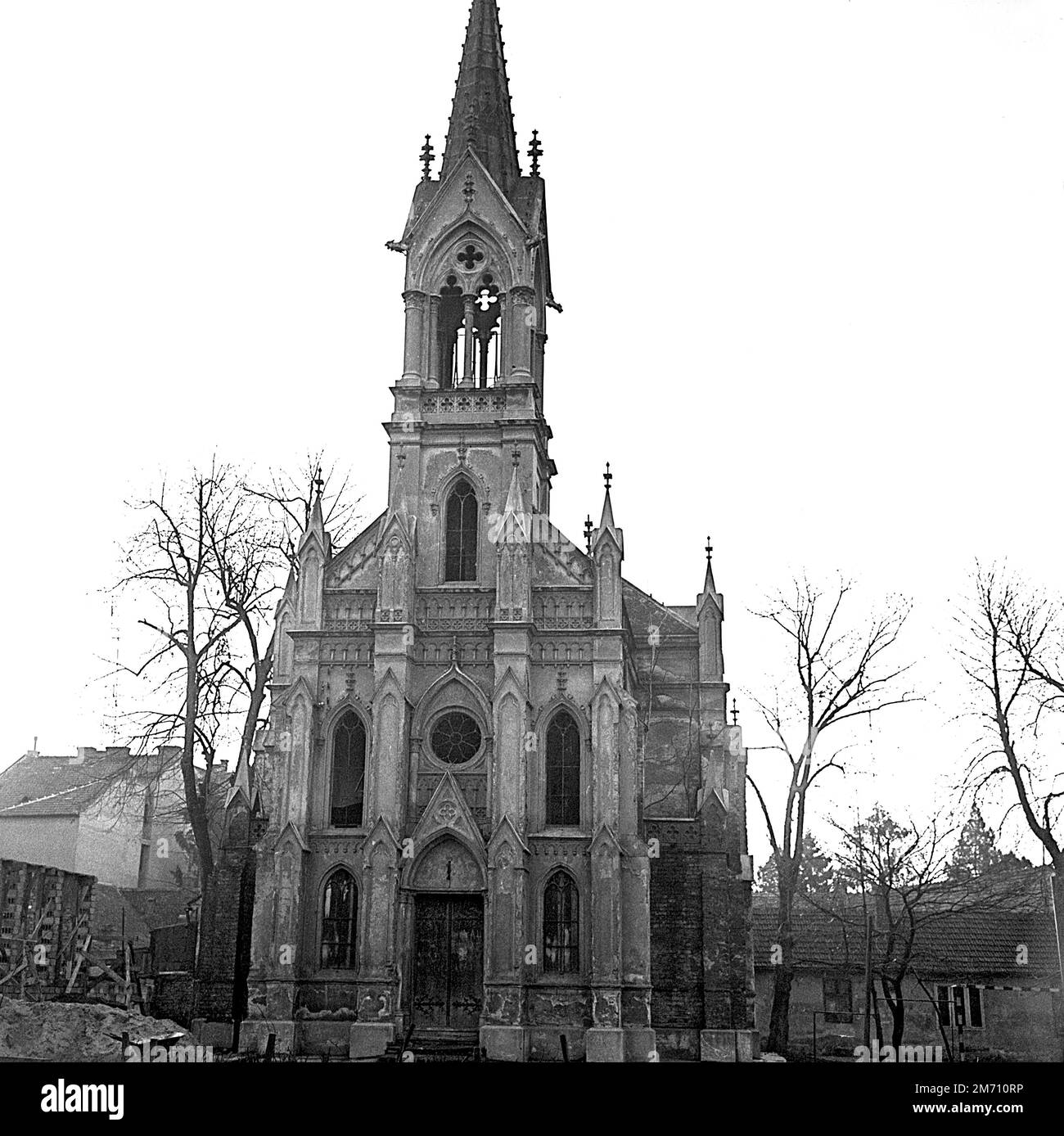 Oradea, Bihor County, Socialist Republic of Romania, approx. 1973. Exterior of St. Ladislaus Roman Catholic Chapel, built in 1900 in the Gothic Revival  style, and abandoned after 1948. Stock Photo