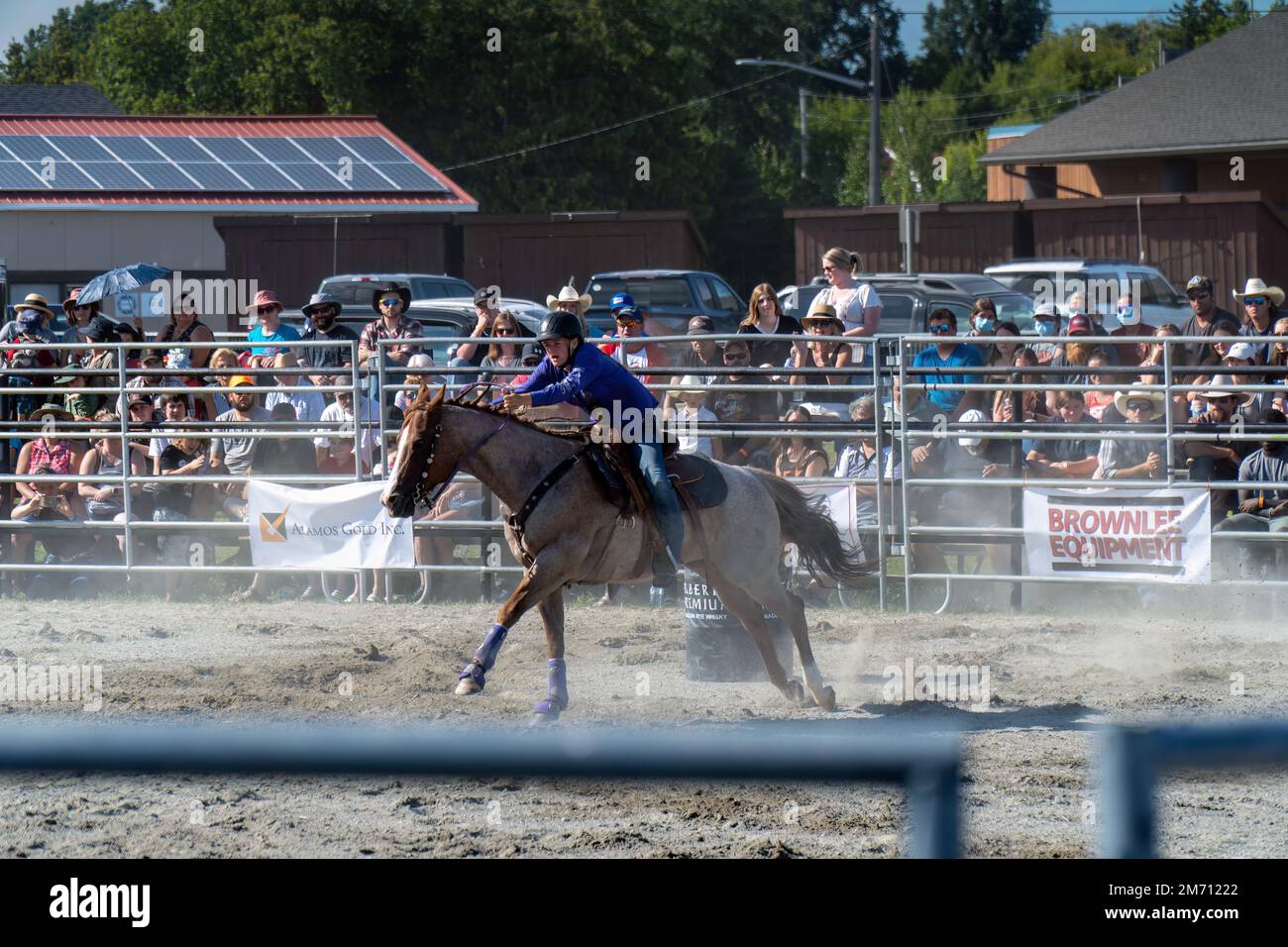 New Liskeard, Ontario, Canada - August 13, 2022 : Barrel racing at The Ram Rodeo in New Liskeard, Ontario. Stock Photo