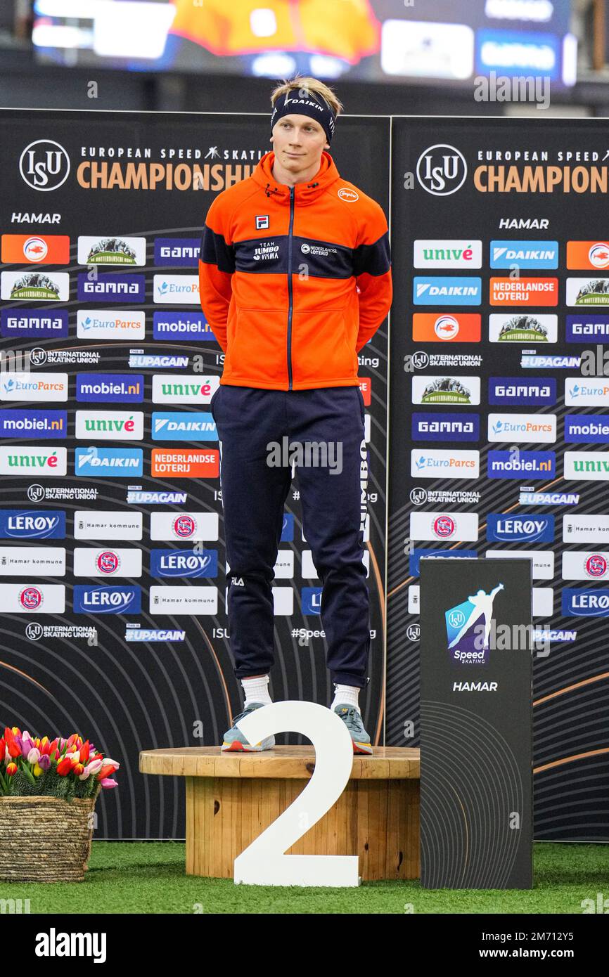 HAMAR, NORWAY - JANUARY 6: Merijn Scheperkamp of The Netherlands competing on the Men's 1000m winning ceremony during the ISU European Sprint Speed Skating Championships at Vikingskipet on January 6, 2023 in Hamar, Norway (Photo by Douwe Bijlsma/Orange Pictures) NOCNSF Stock Photo